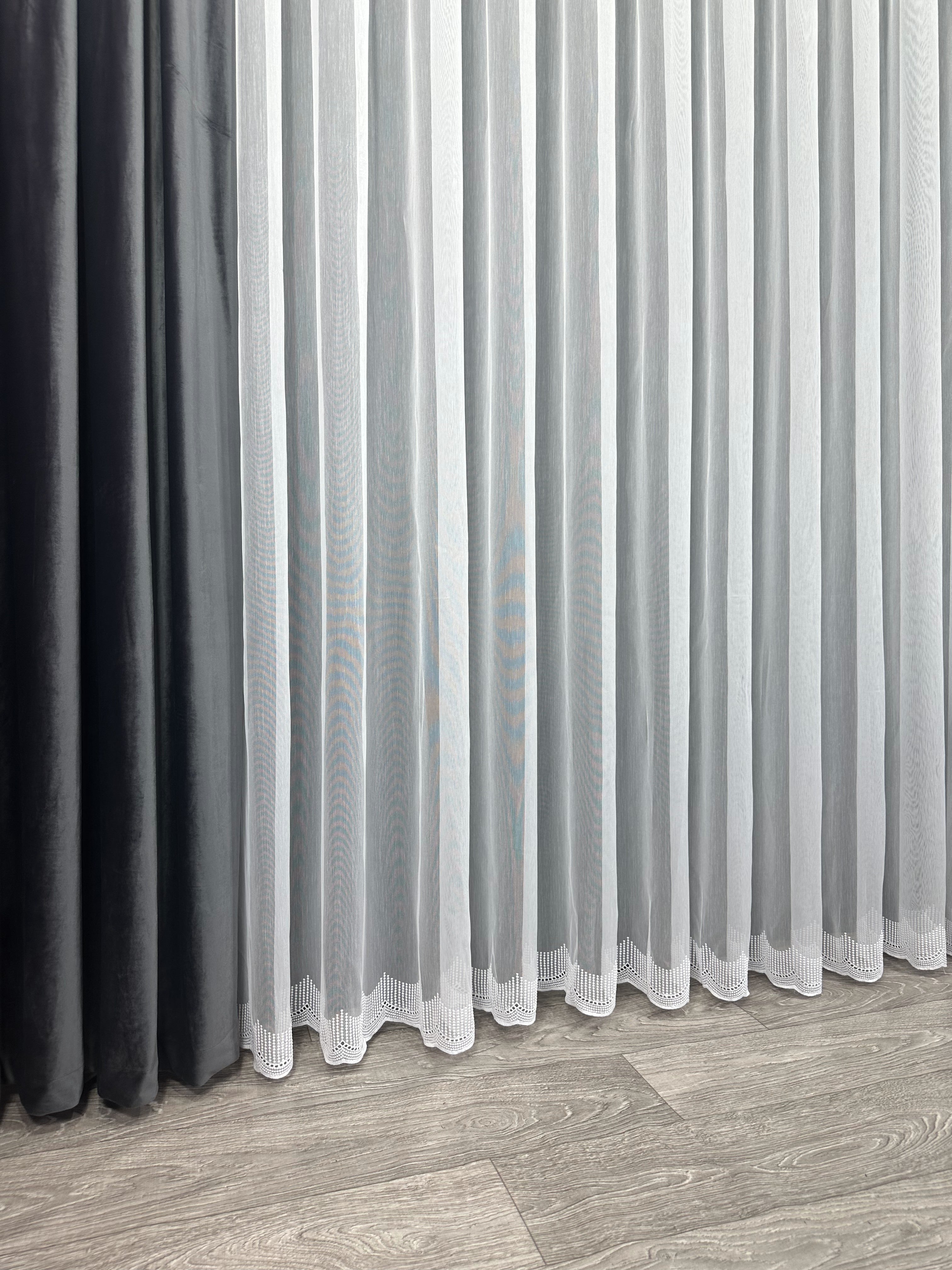 Sheer curtain with chenille embroidery on the bottom , white color