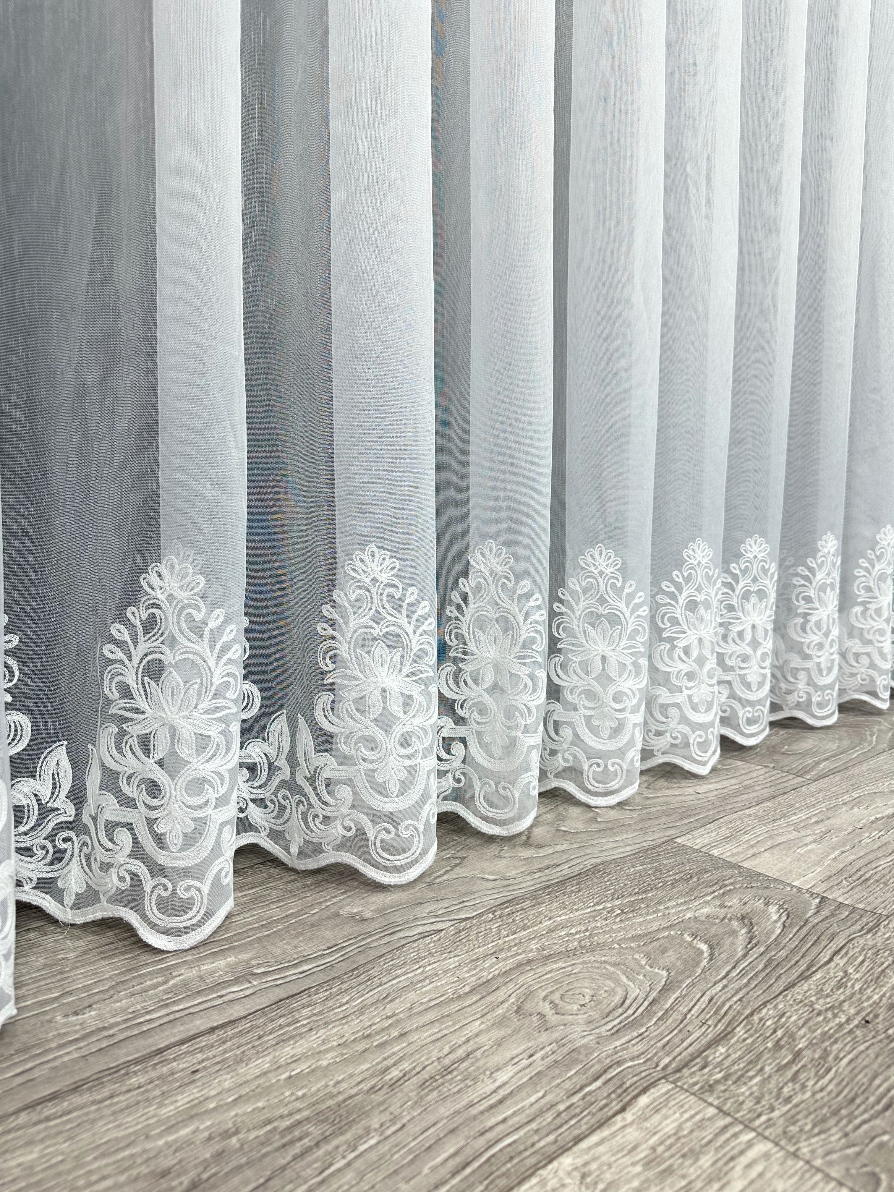 Sheer curtain with chenille embroidery on the bottom , white color