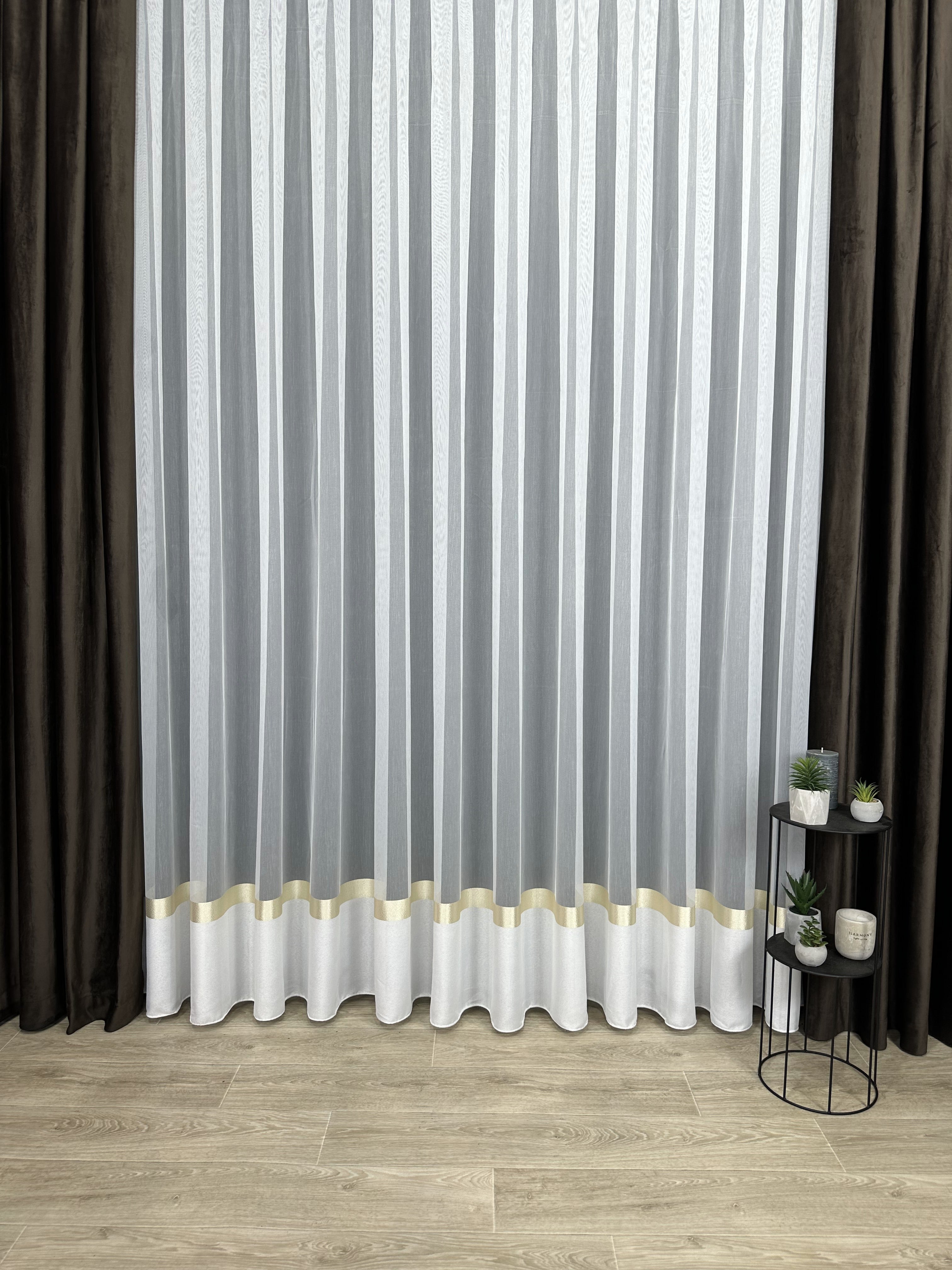 Sheer curtain with stripes and satin inserts, golden color