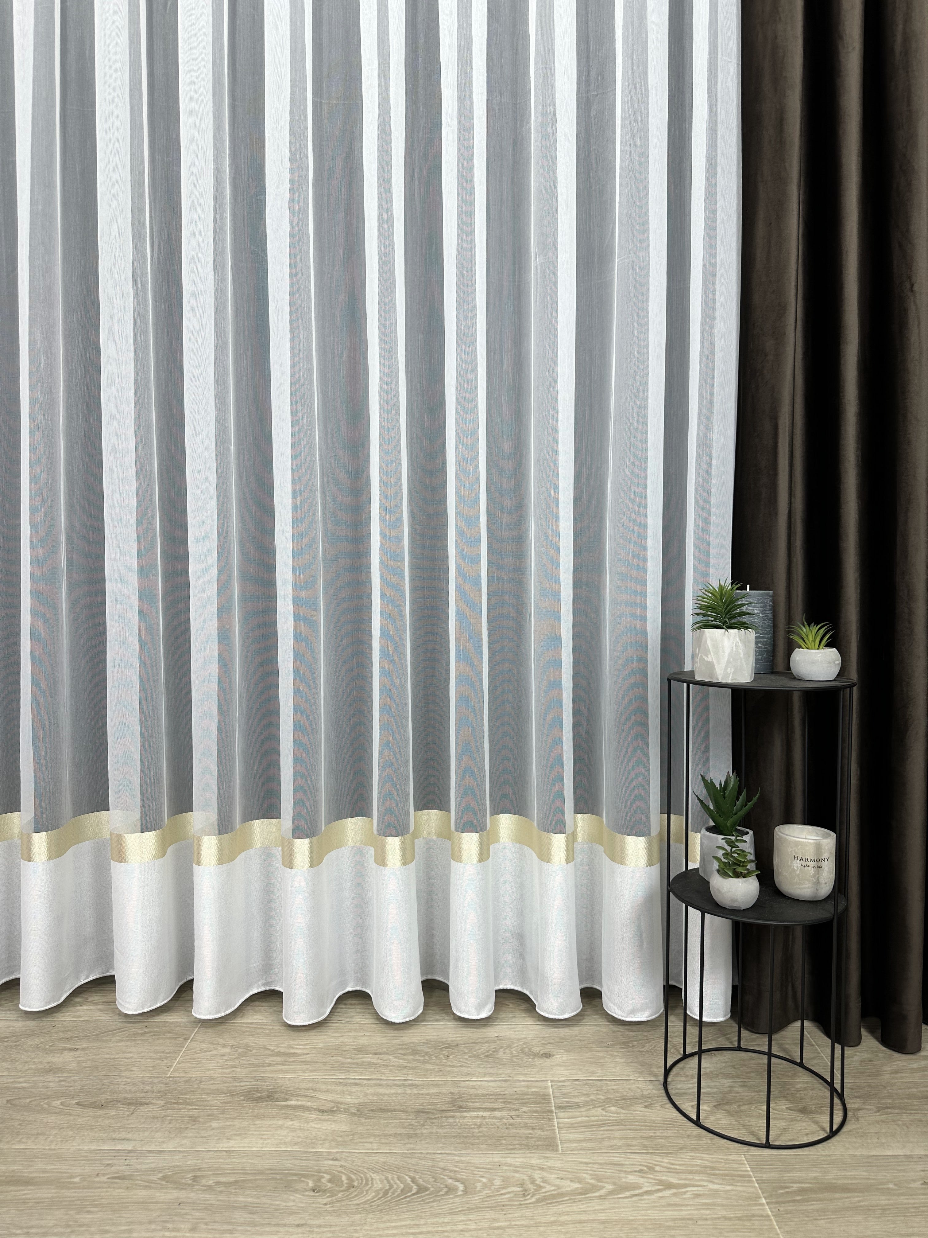 Sheer curtain with stripes and satin inserts, golden color