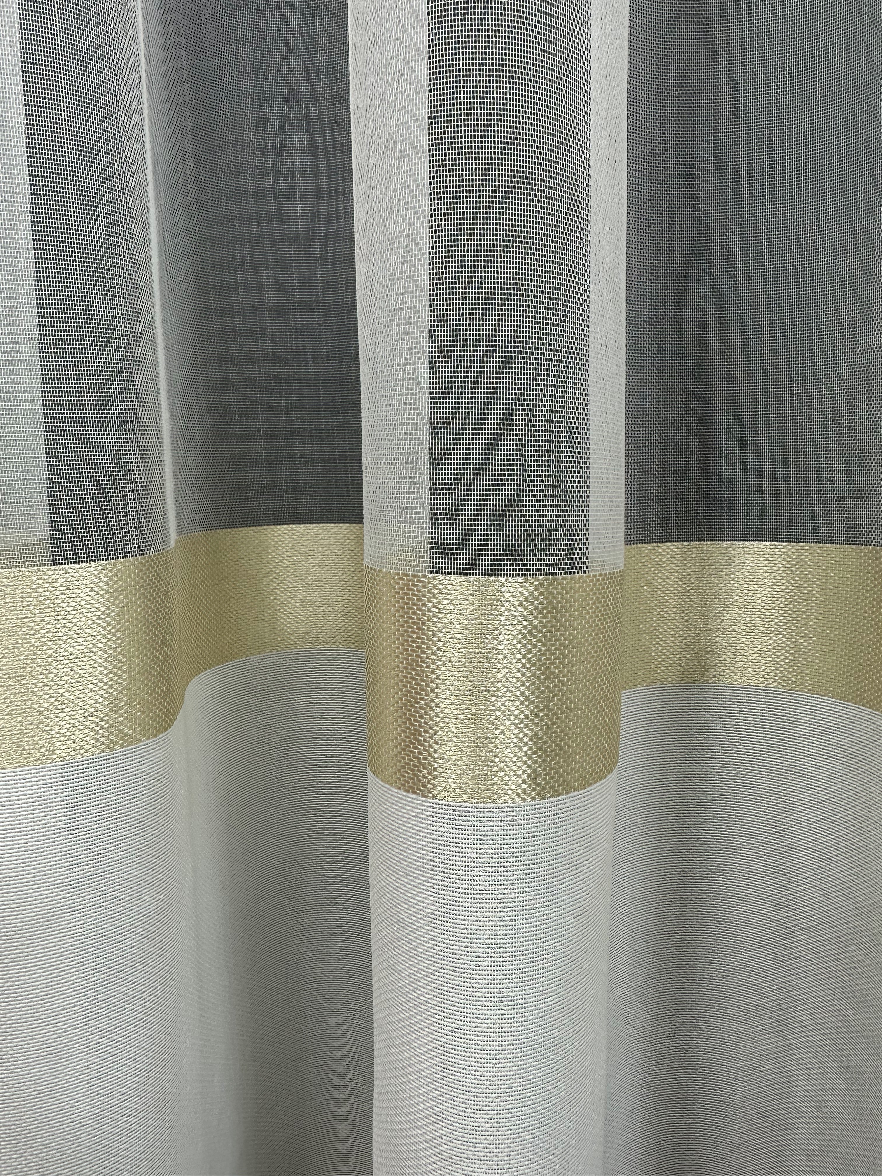 Sheer curtain with stripes and satin inserts, golden color