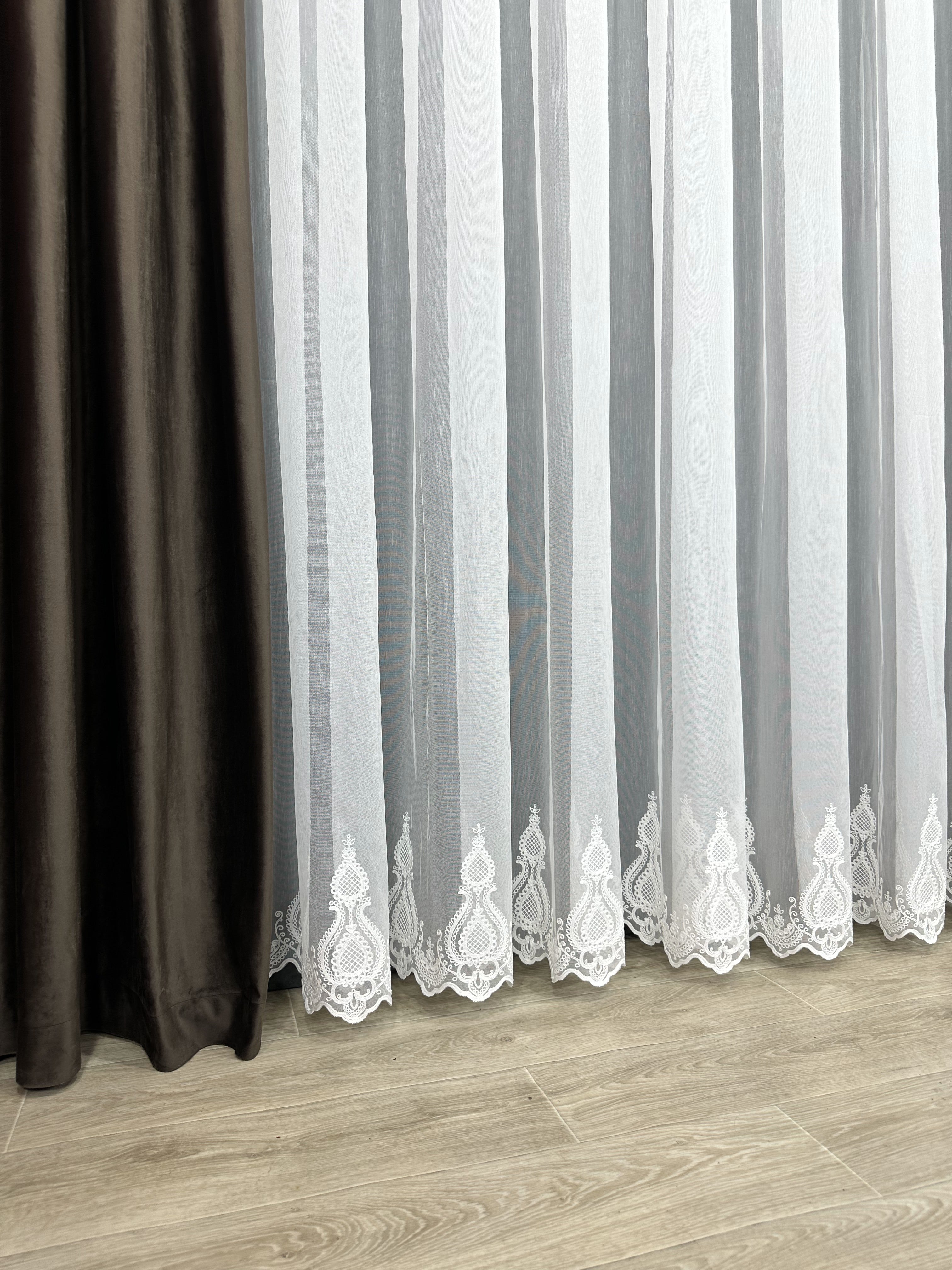 Sheer curtain with chenille embroidery on the bottom , milk color