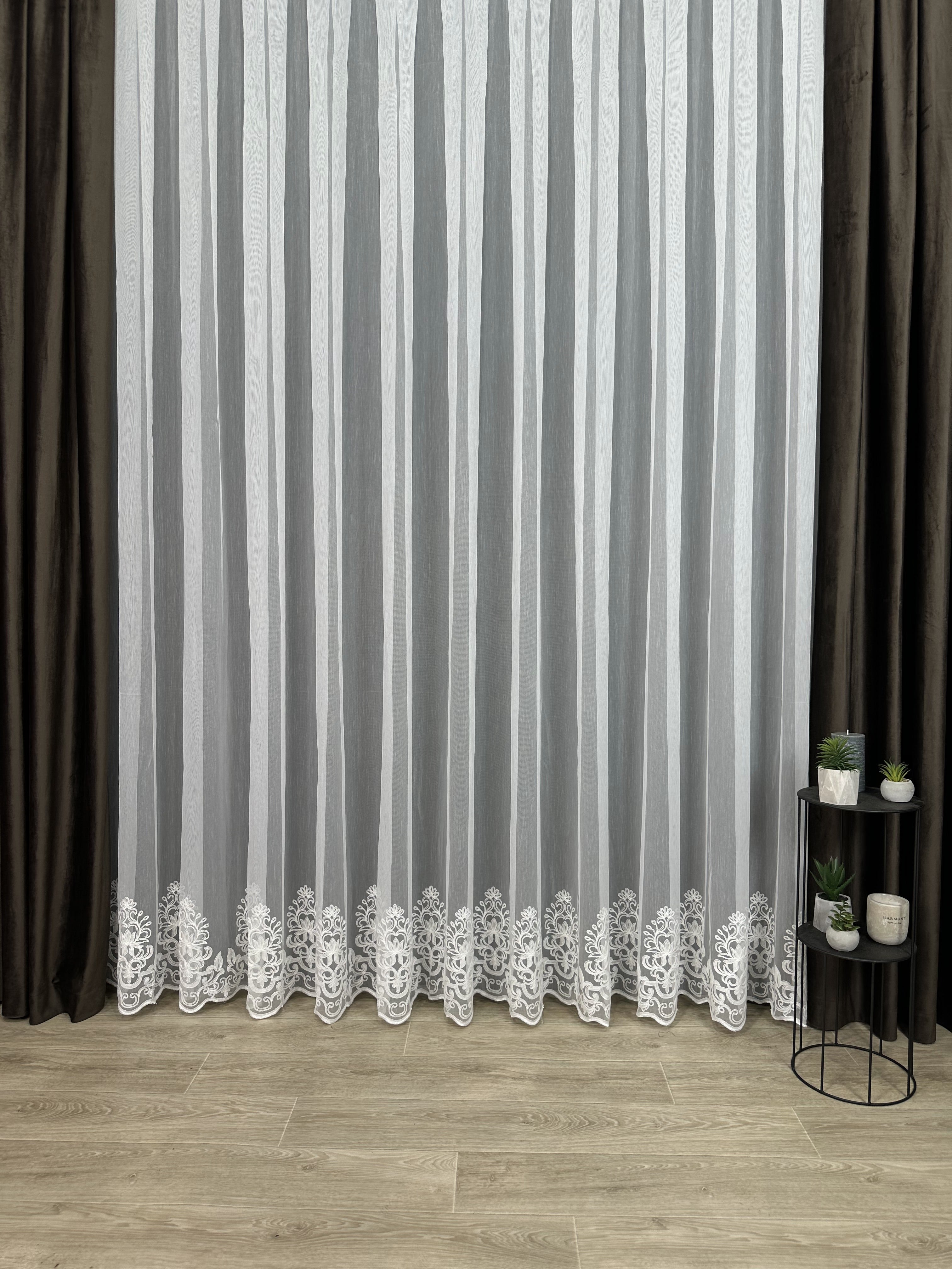 Sheer curtain with chenille embroidery on the bottom , milk color