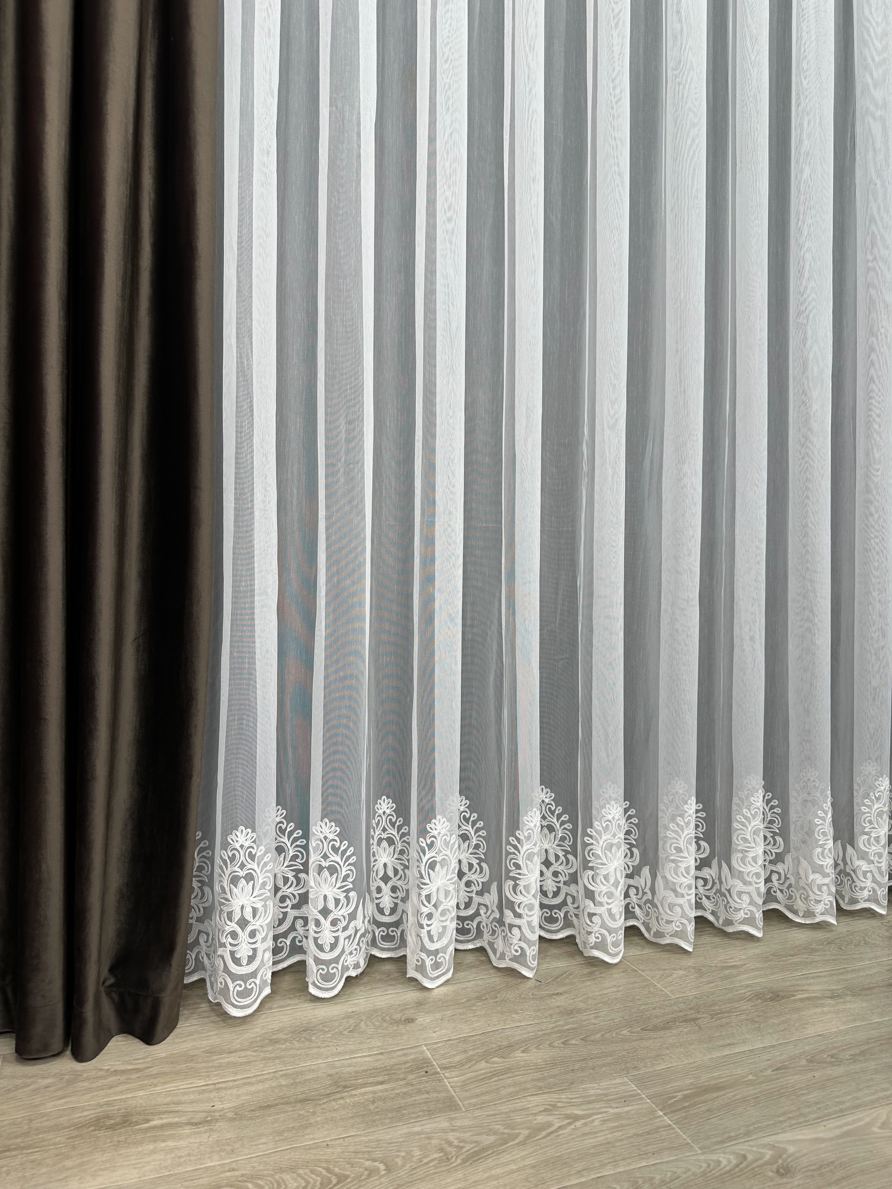 Sheer curtain with chenille embroidery on the bottom , milk color