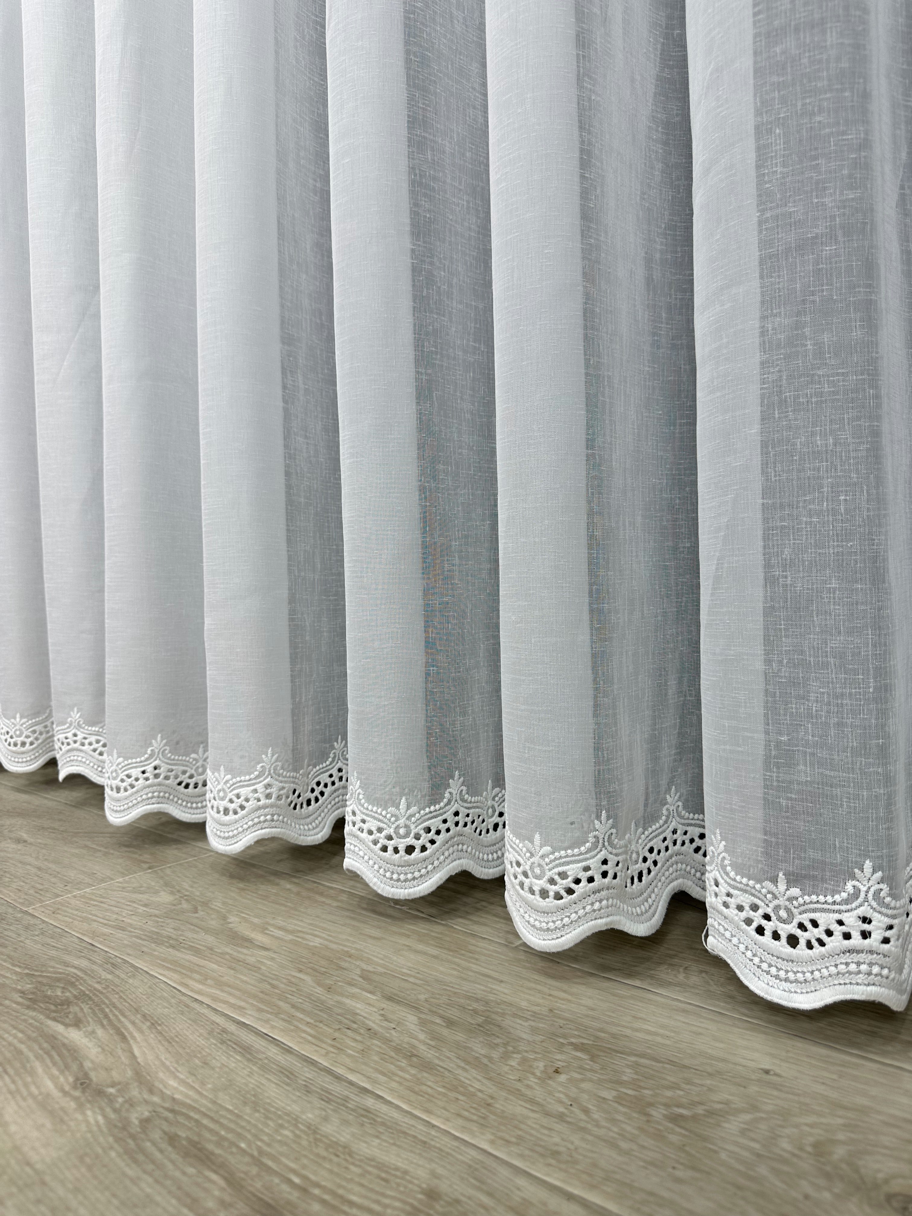 Linen sheer curtain with embroidery on the bottom, milk color