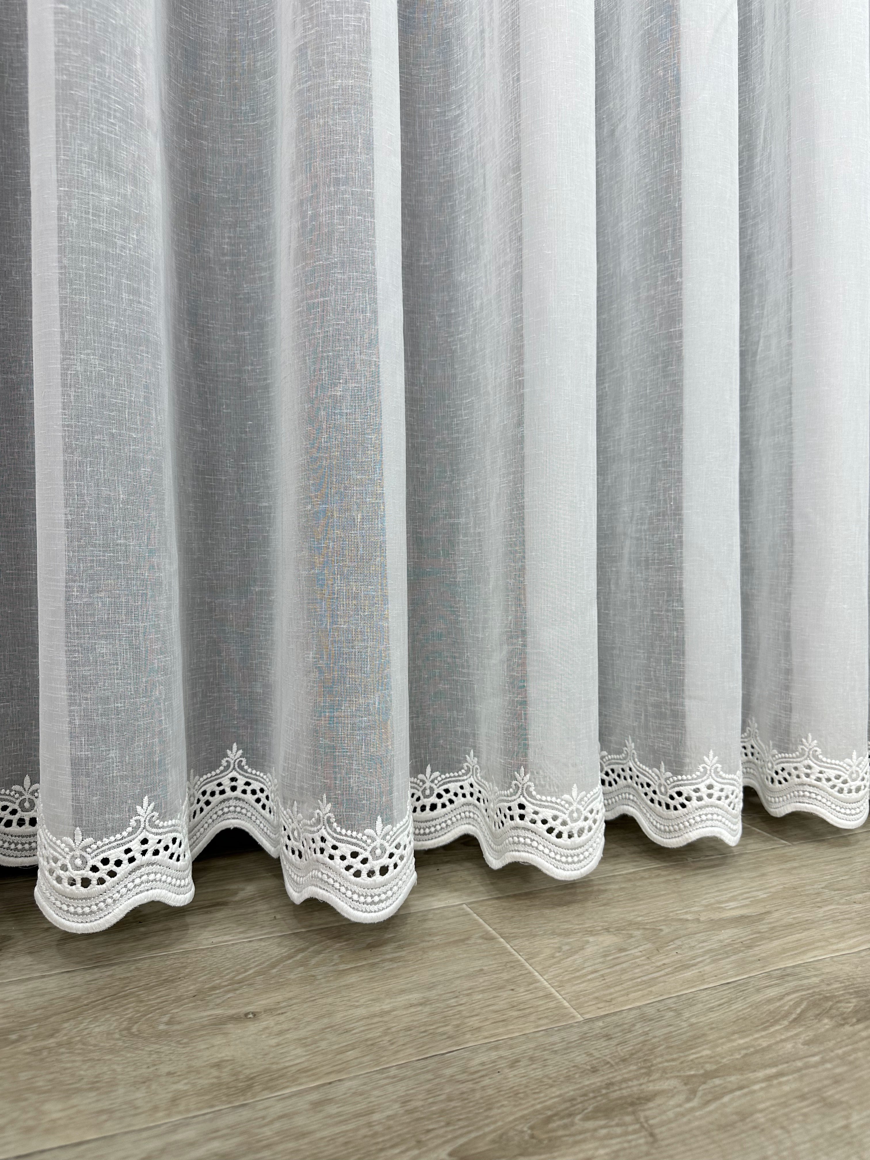 Linen sheer curtain with embroidery on the bottom, milk color