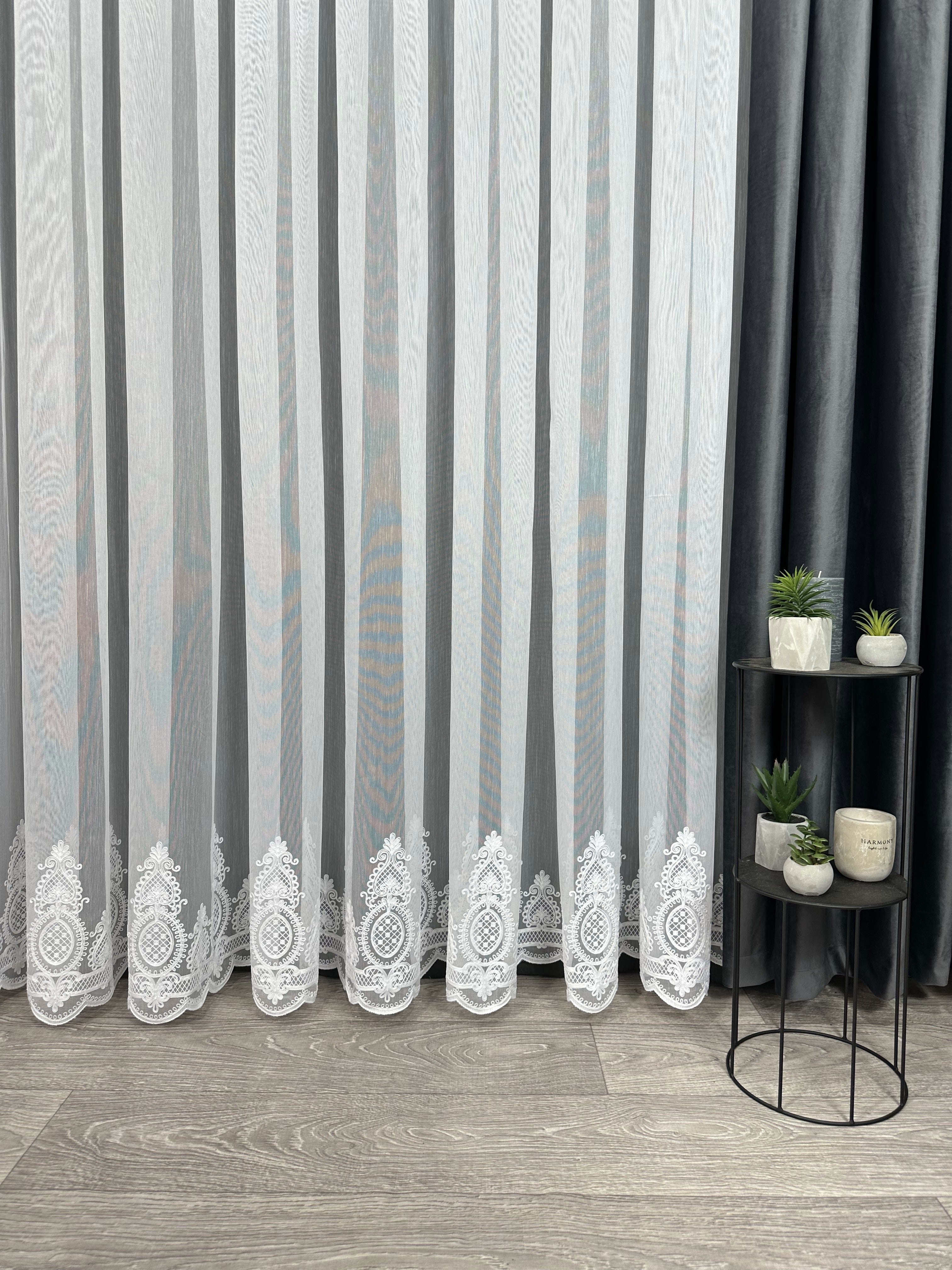 Sheer curtain with chenille embroidery on the bottom , white color