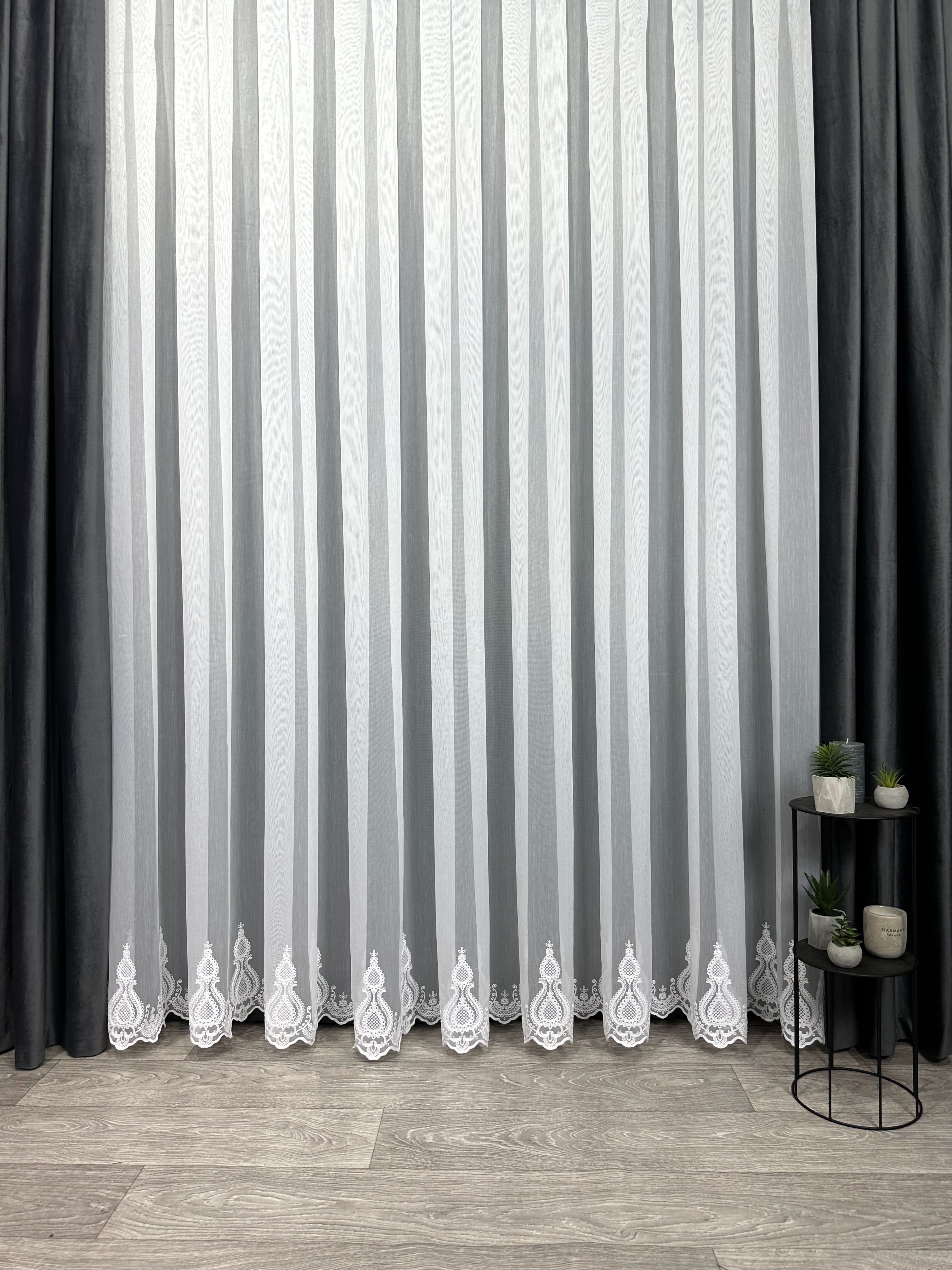 Sheer curtain with chenille embroidery on the bottom , white color