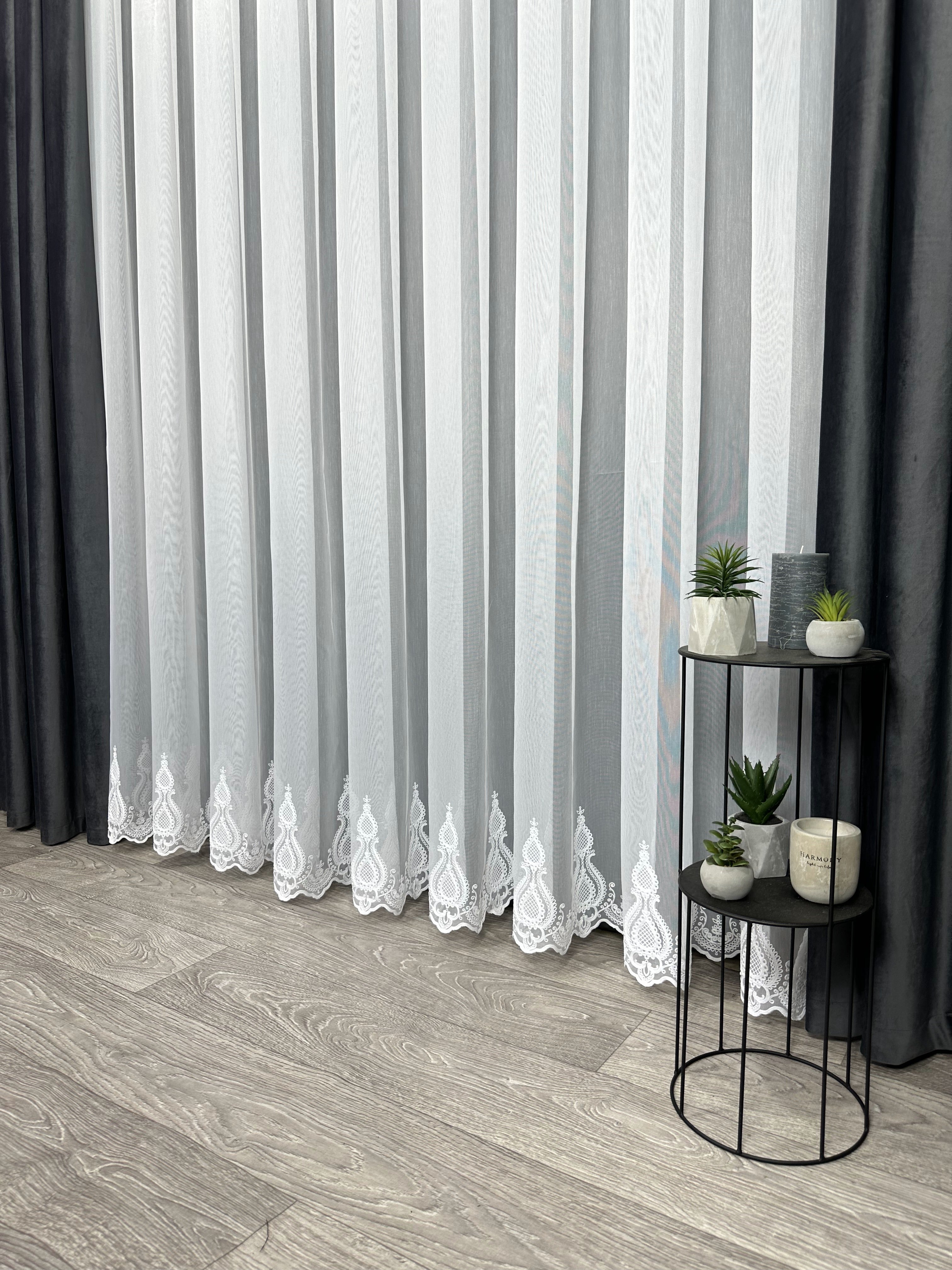 Sheer curtain with chenille embroidery on the bottom , white color