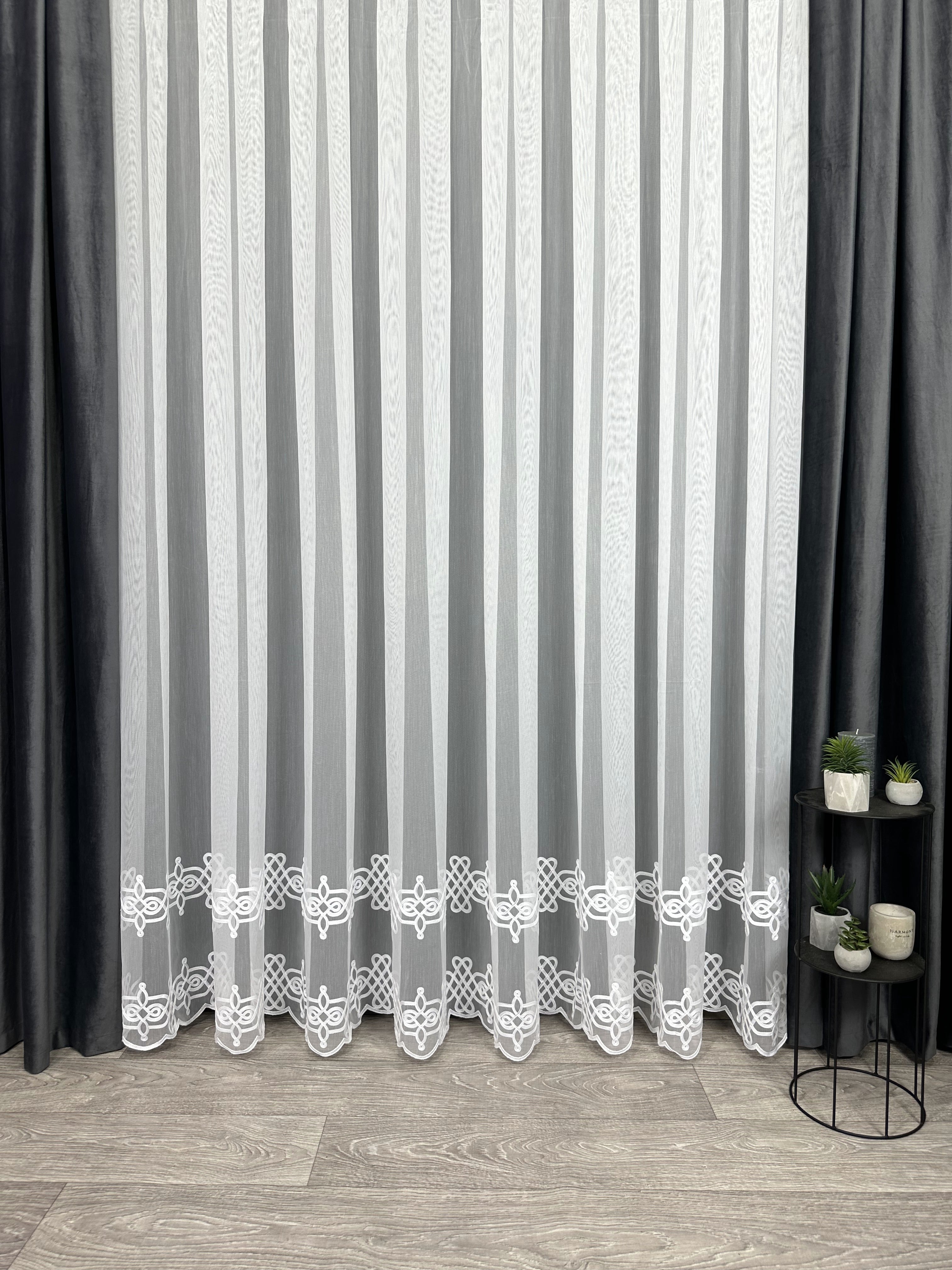 Sheer curtain with chenille embroidery on the bottom , white color