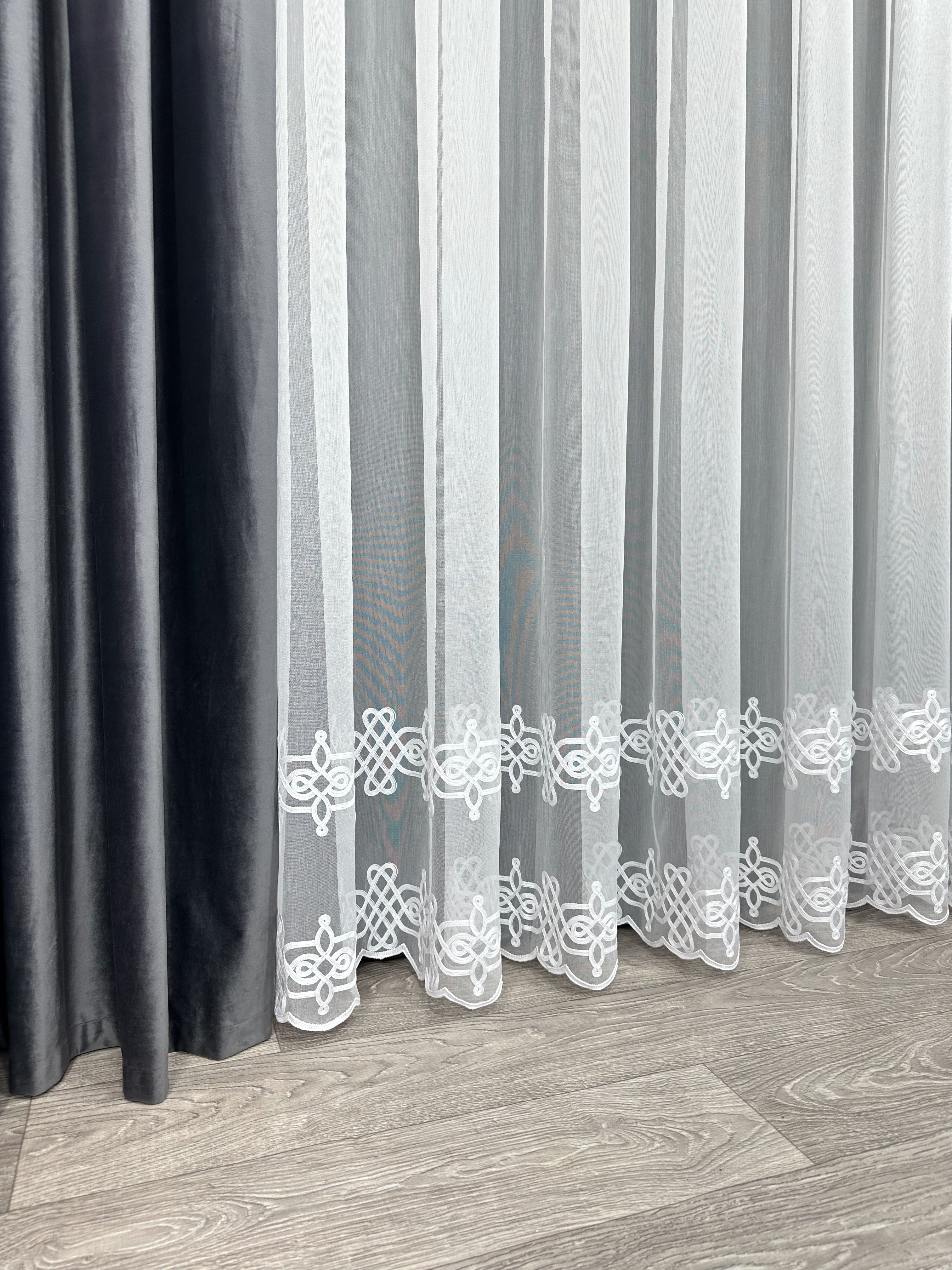 Sheer curtain with chenille embroidery on the bottom , white color