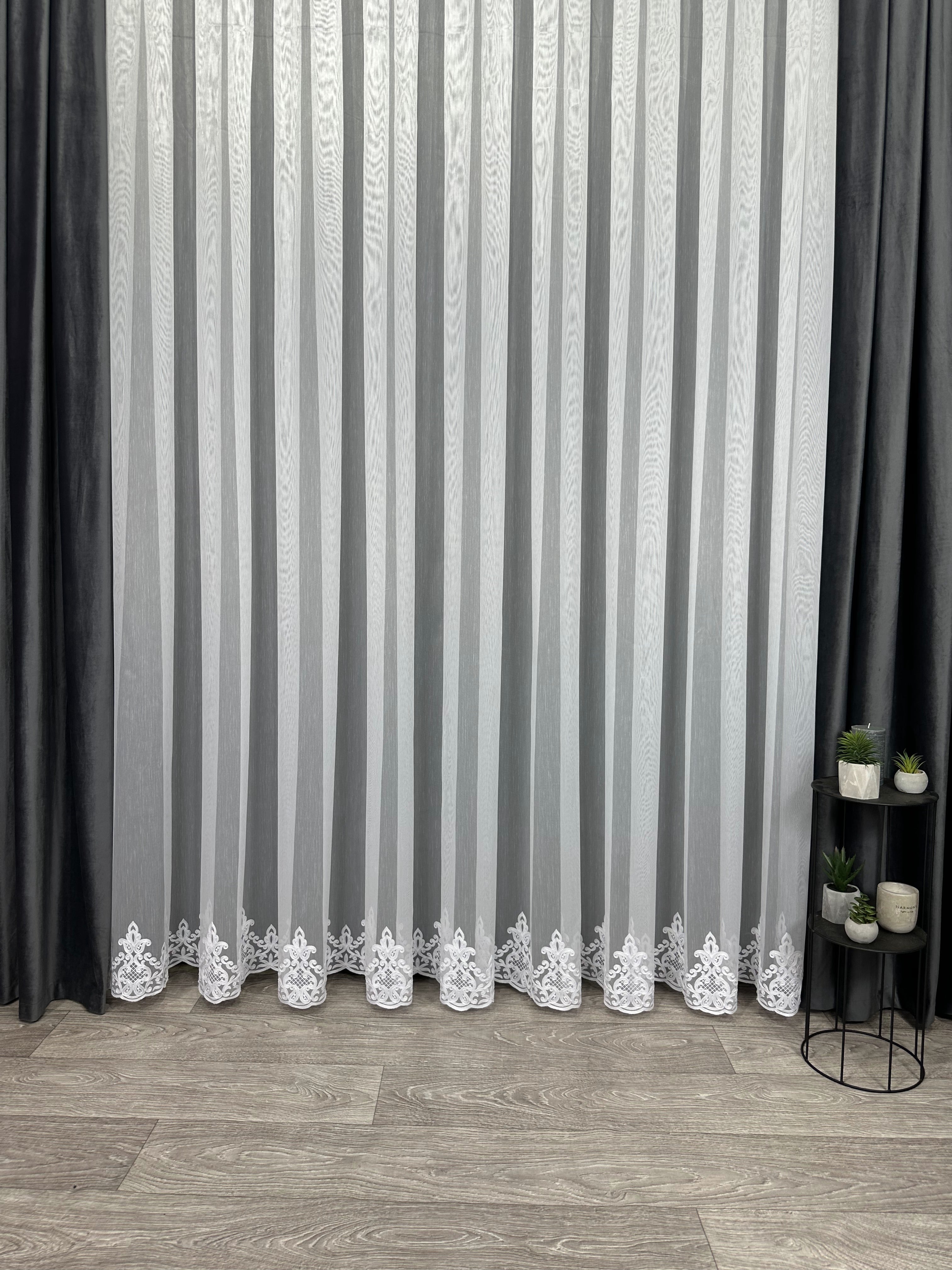 Sheer curtain with chenille embroidery on the bottom , white color