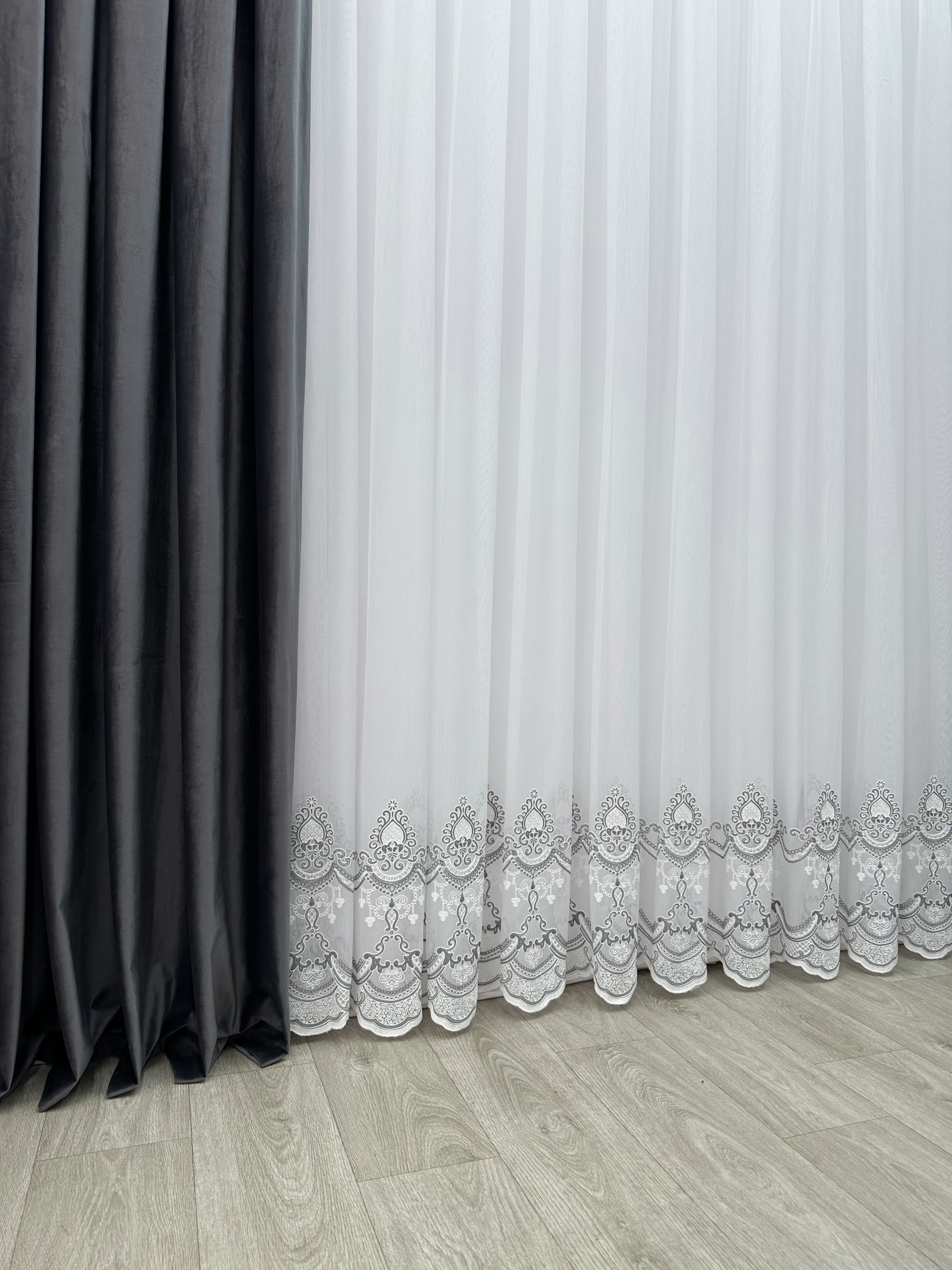 Sheer curtain with chenille embroidery on the bottom , gray color