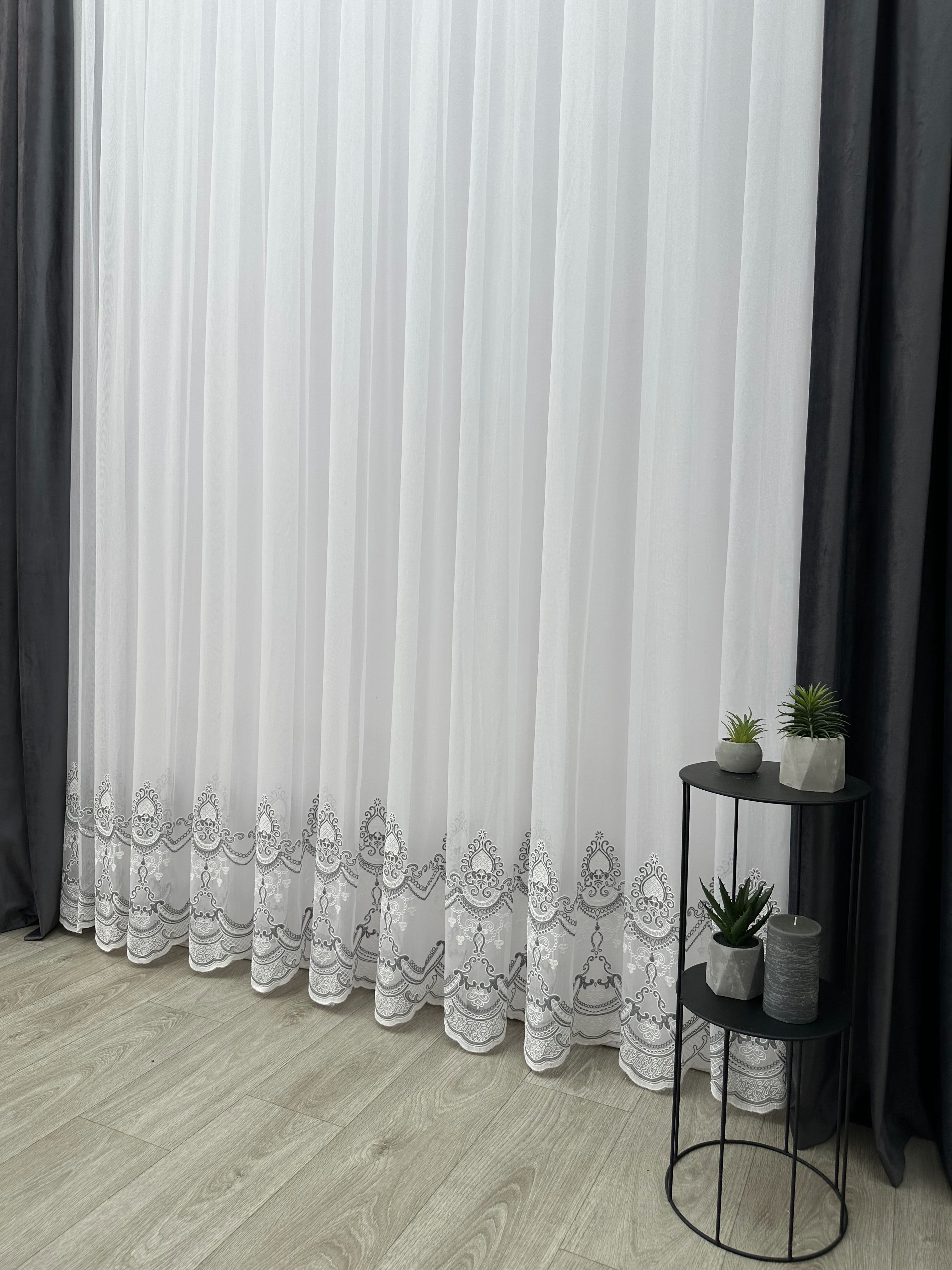 Sheer curtain with chenille embroidery on the bottom , gray color