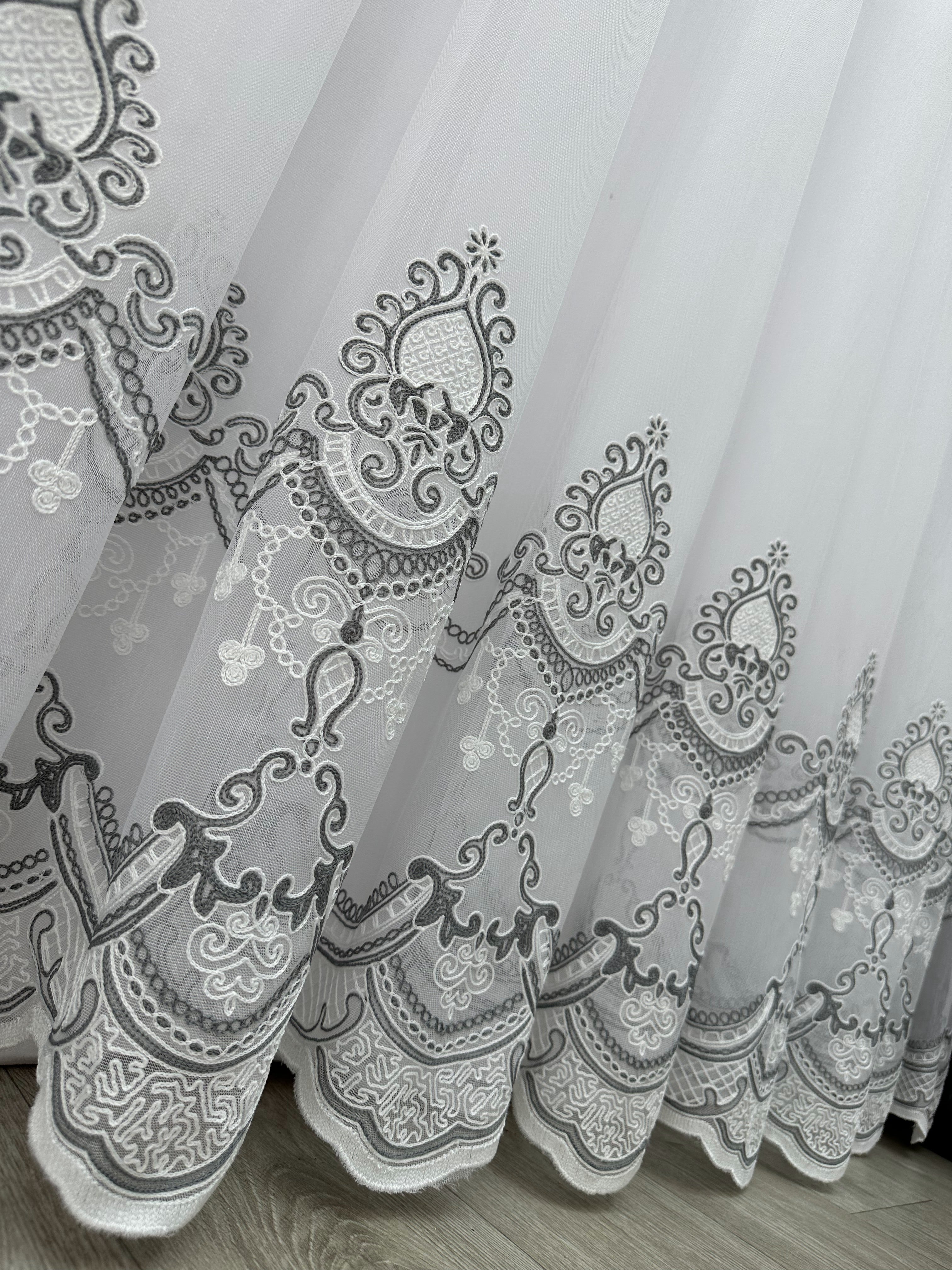 Sheer curtain with chenille embroidery on the bottom , gray color