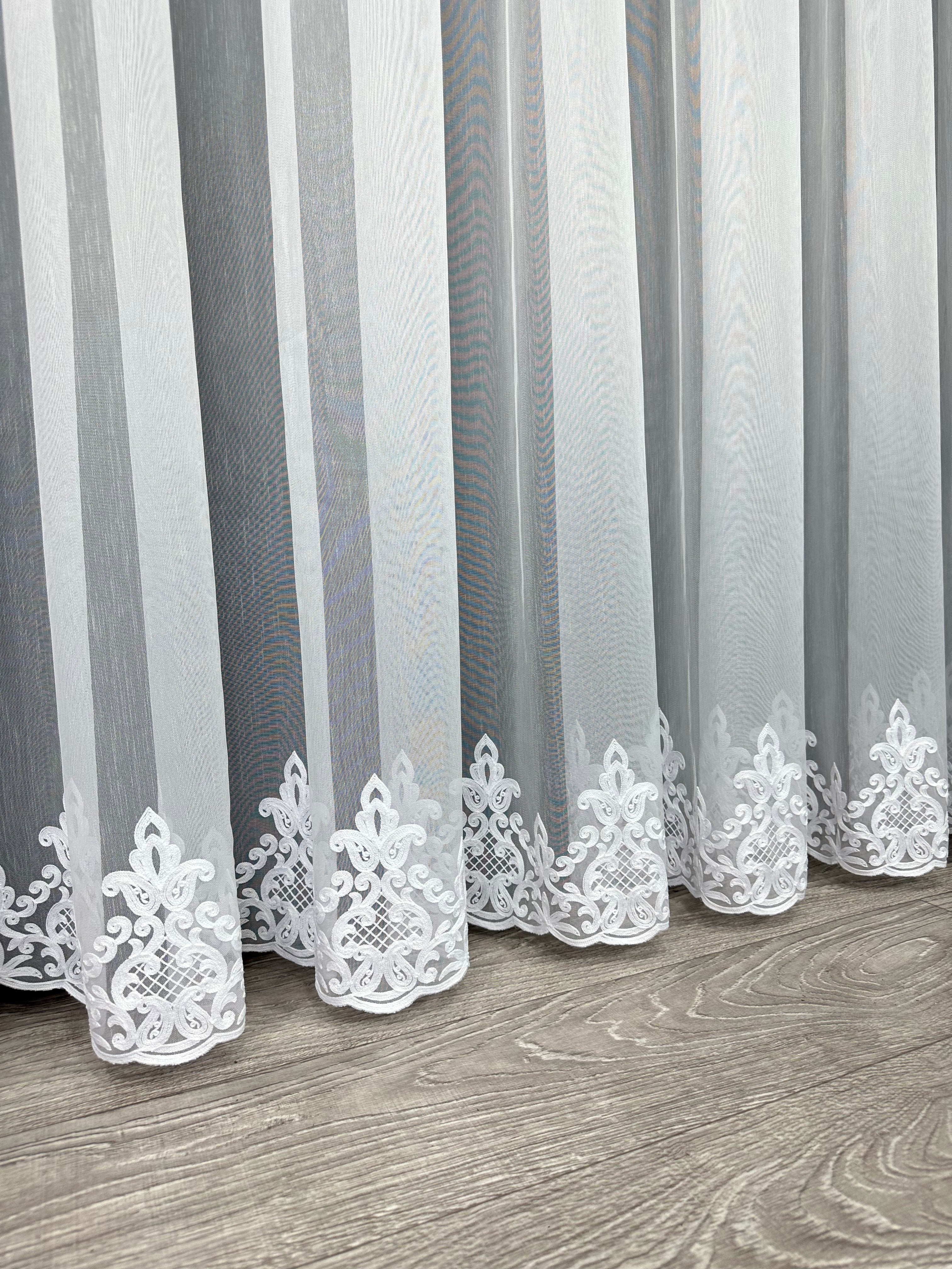 Sheer curtain with chenille embroidery on the bottom , white color