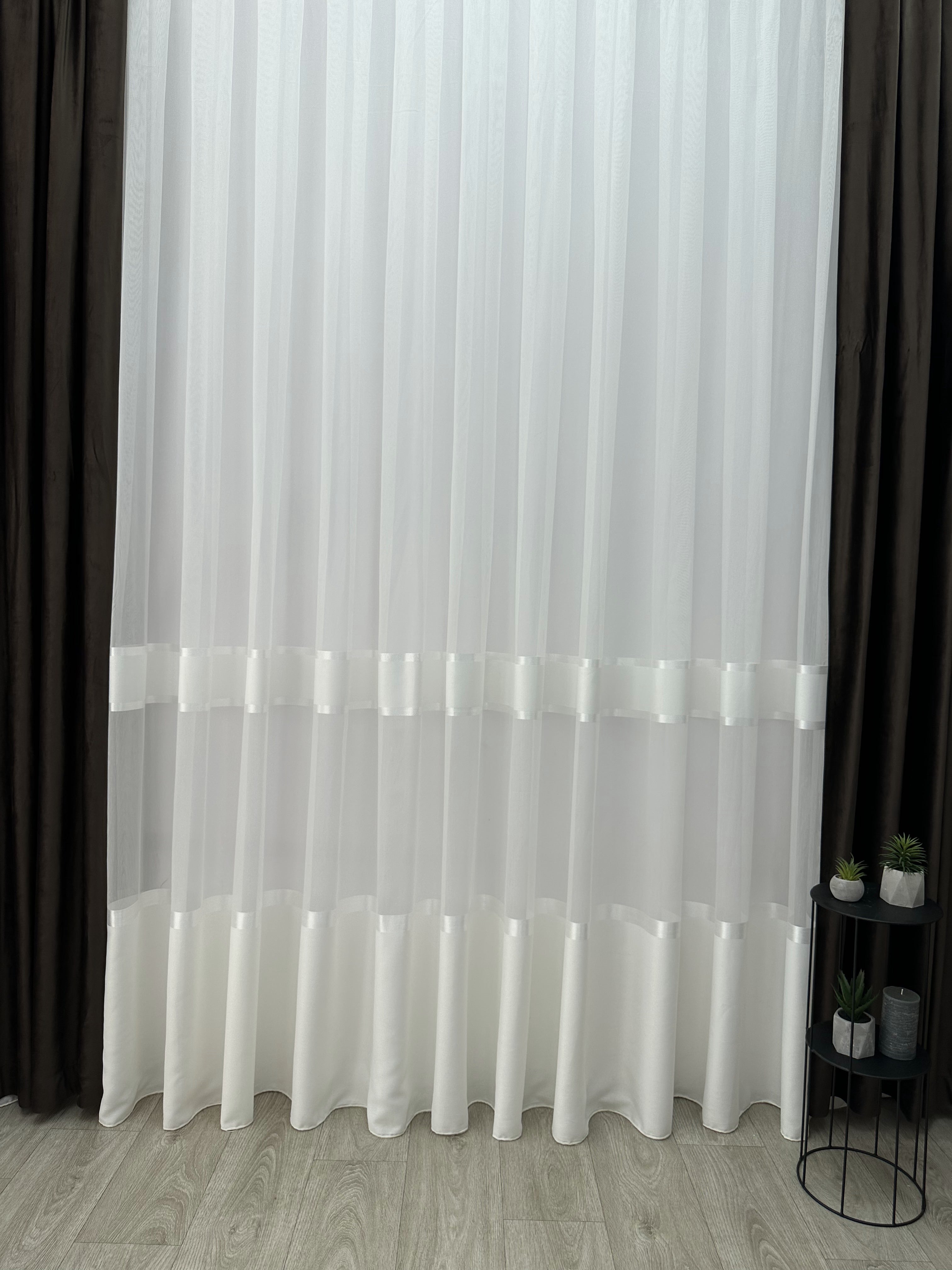 Sheer curtain with stripes and satin inserts, milk color