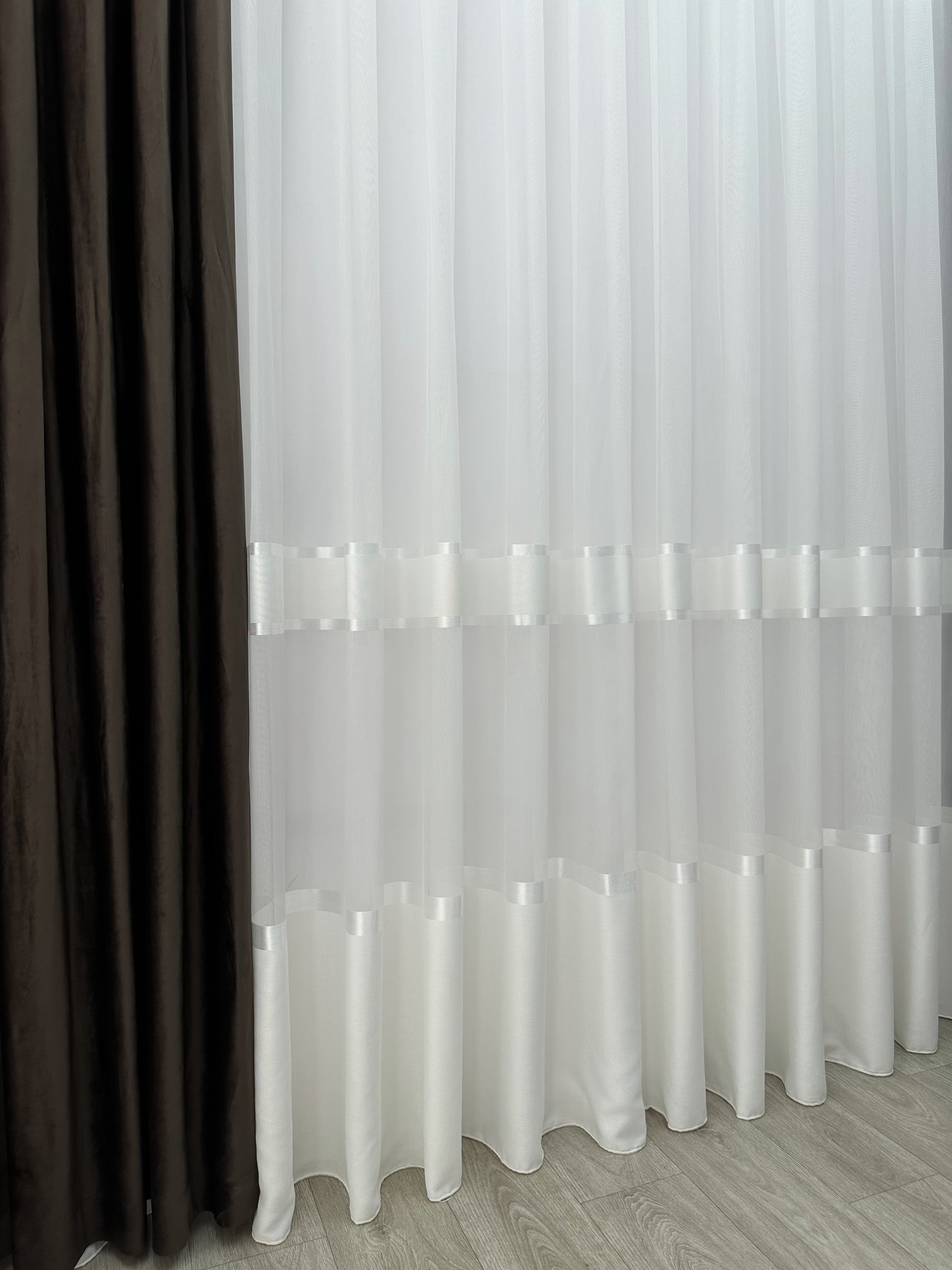 Sheer curtain with stripes and satin inserts, milk color