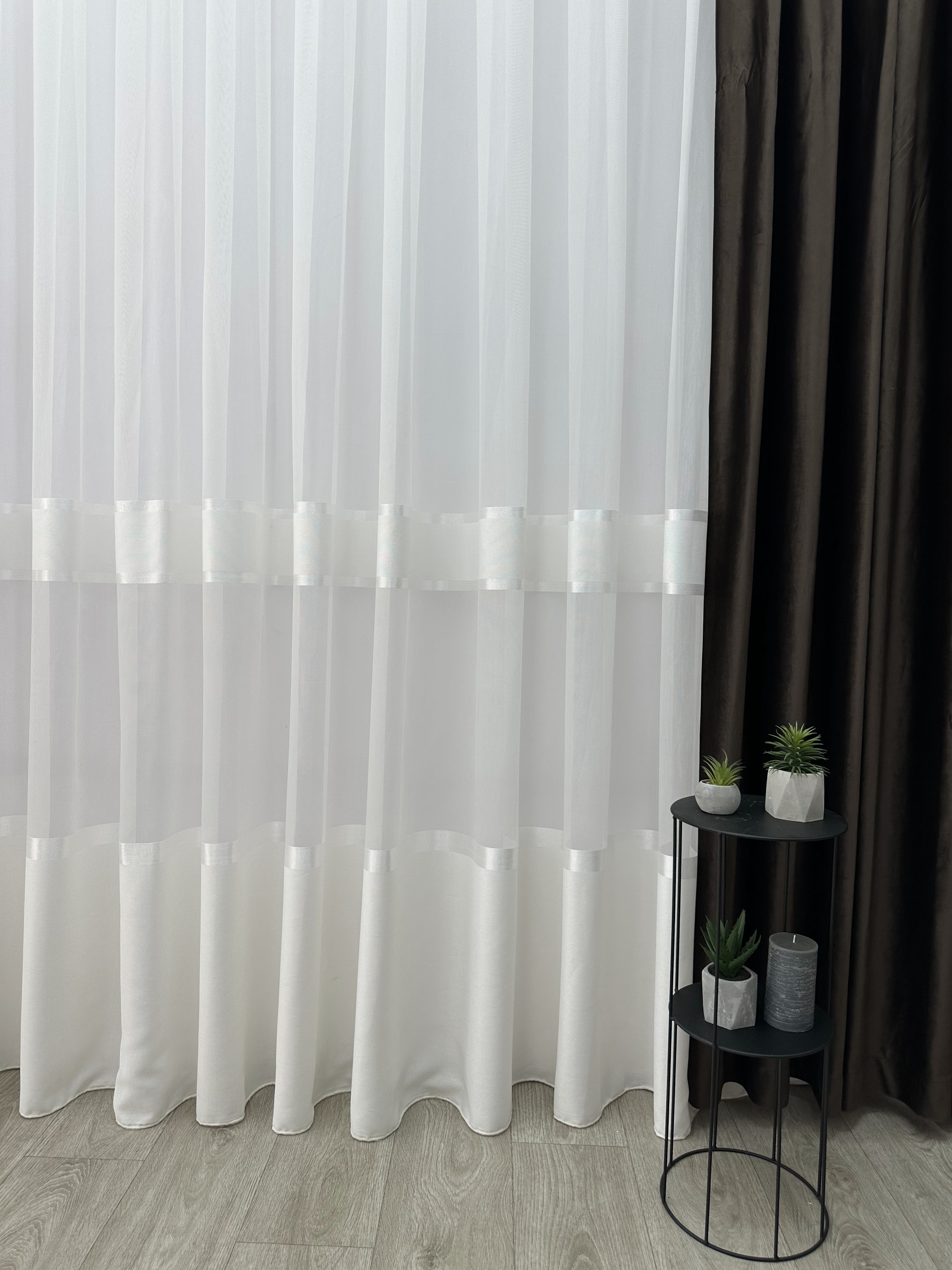 Sheer curtain with stripes and satin inserts, milk color