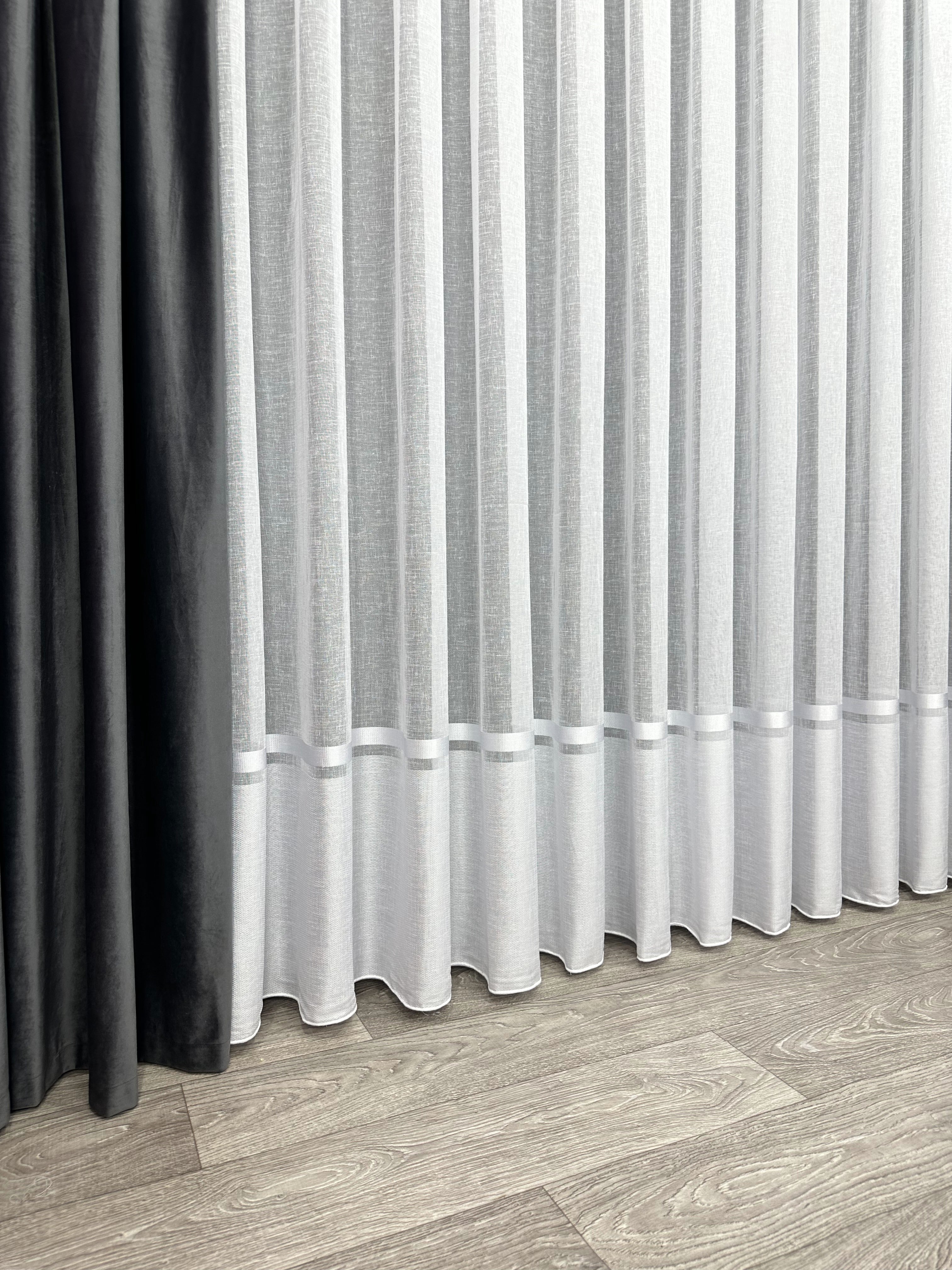 Linen sheer curtain with stripes, white color