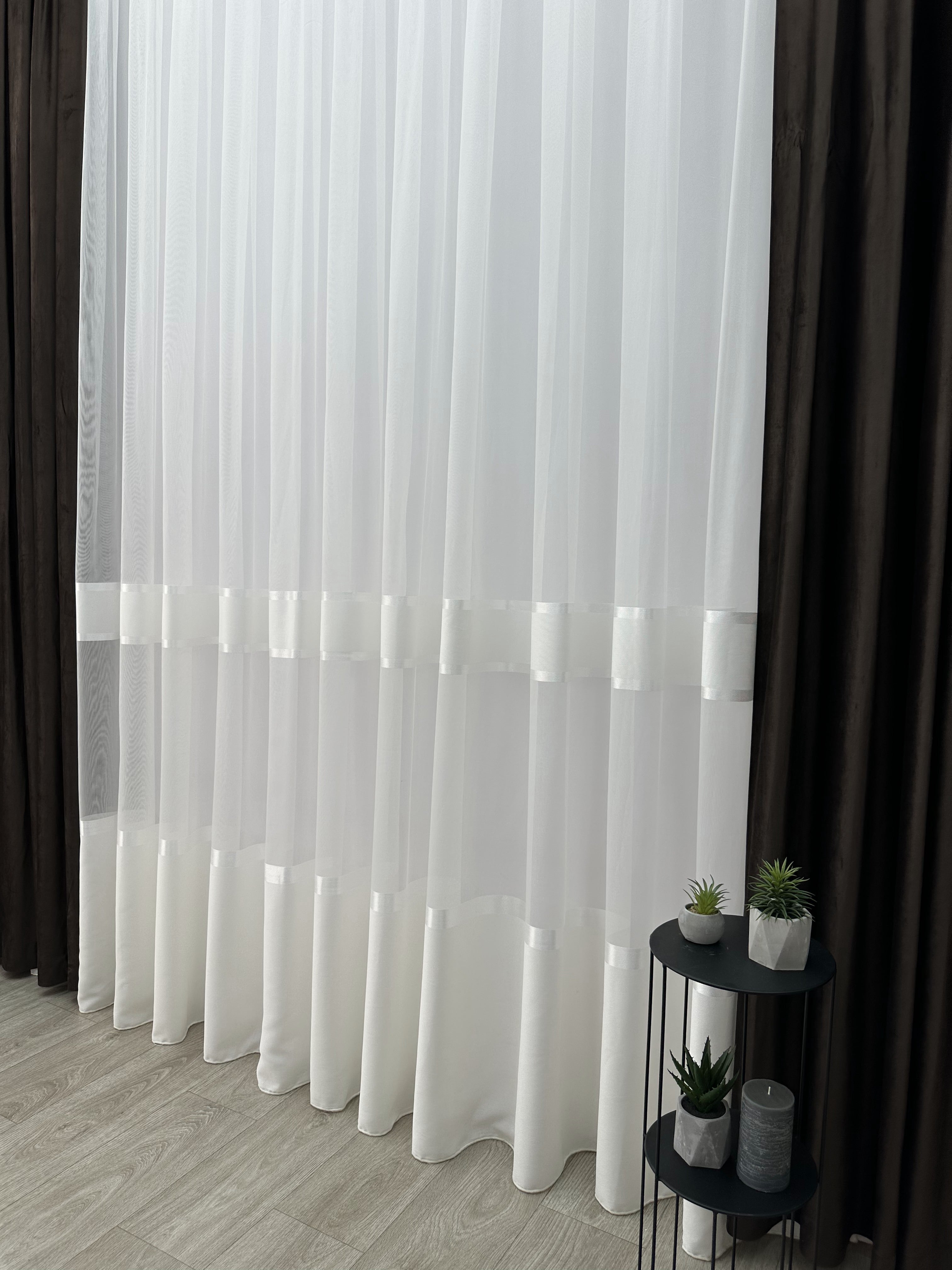 Sheer curtain with stripes and satin inserts, milk color