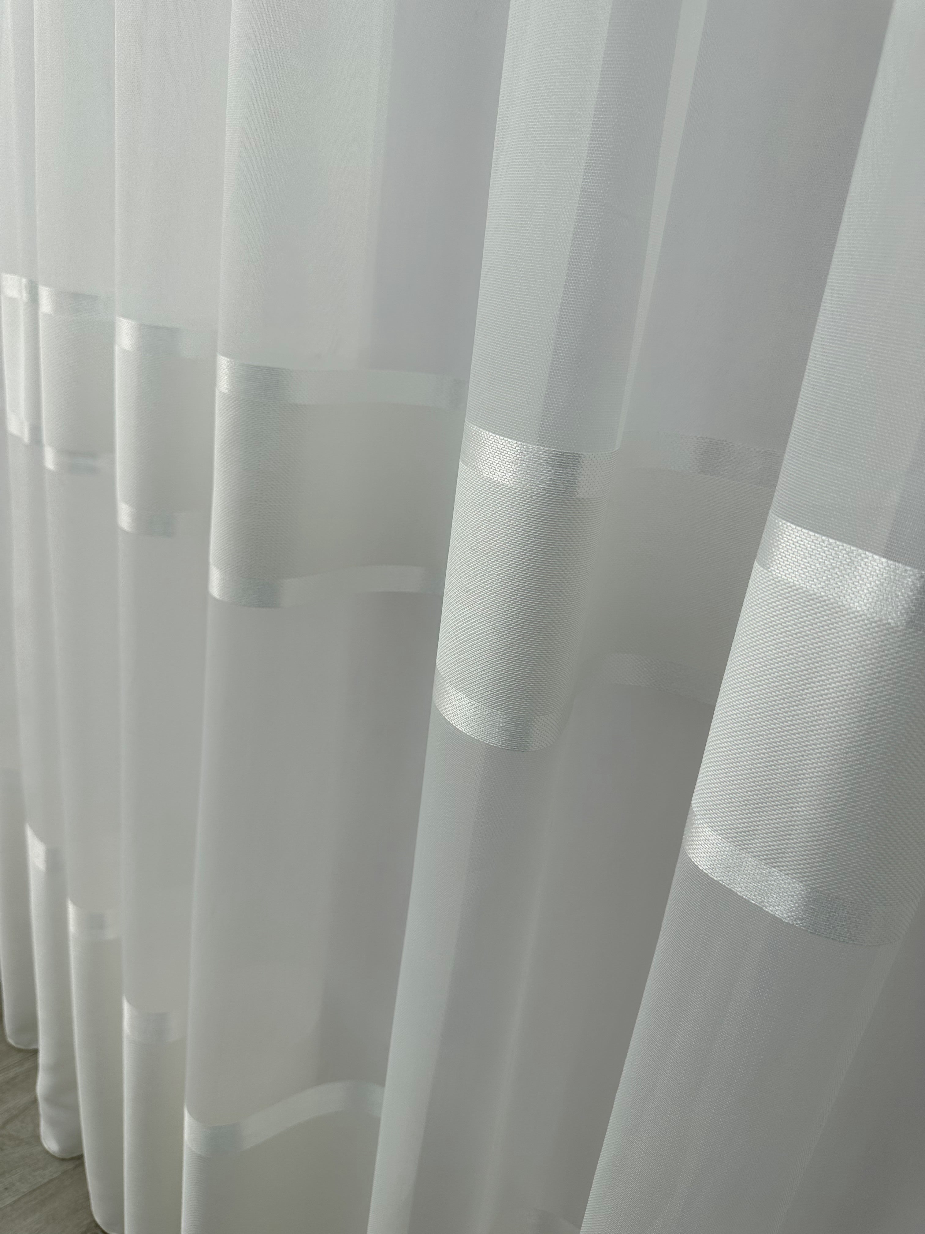 Sheer curtain with stripes and satin inserts, milk color