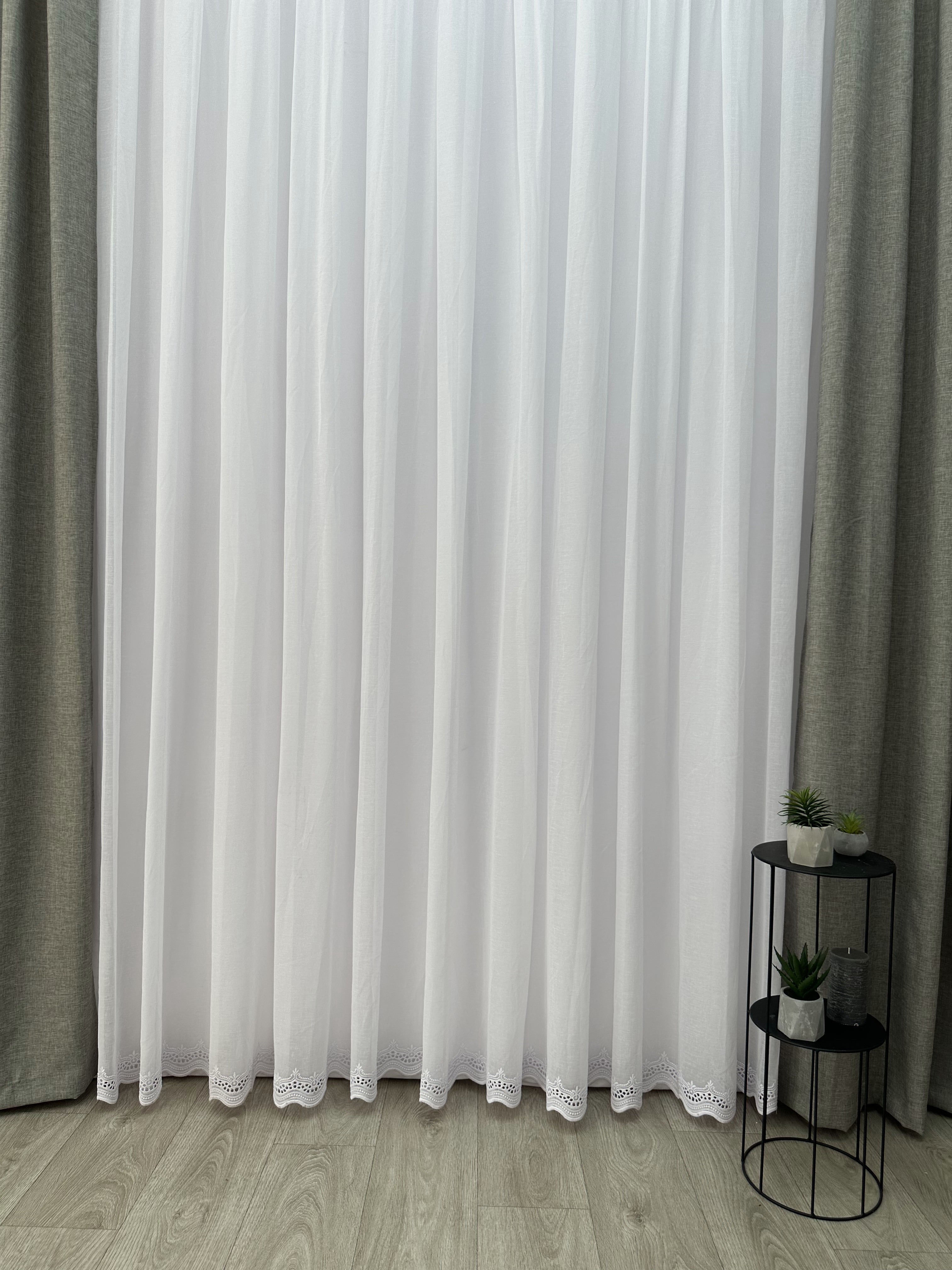 Linen sheer curtain with embroidery on the bottom, white color