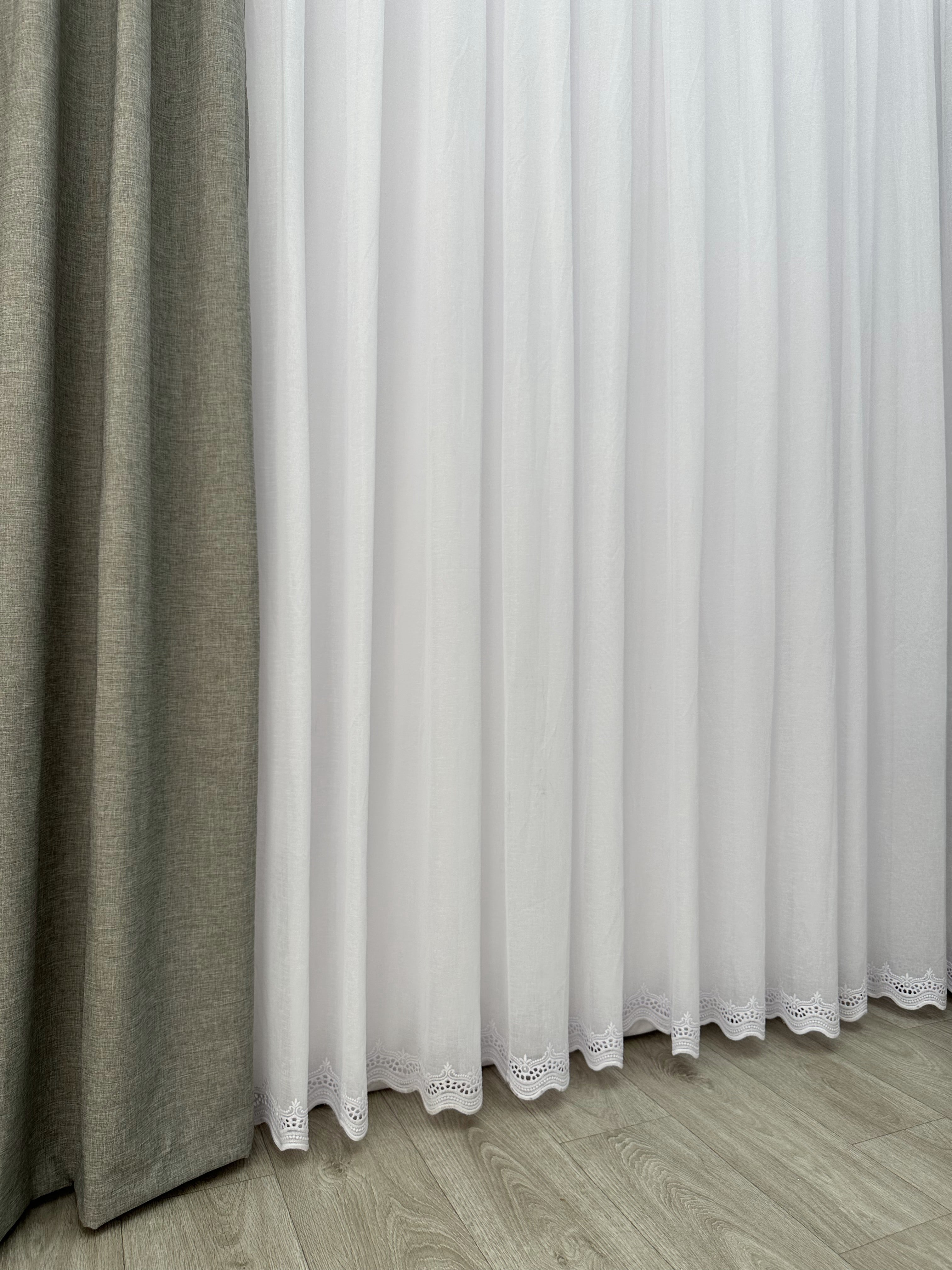 Linen sheer curtain with embroidery on the bottom, white color