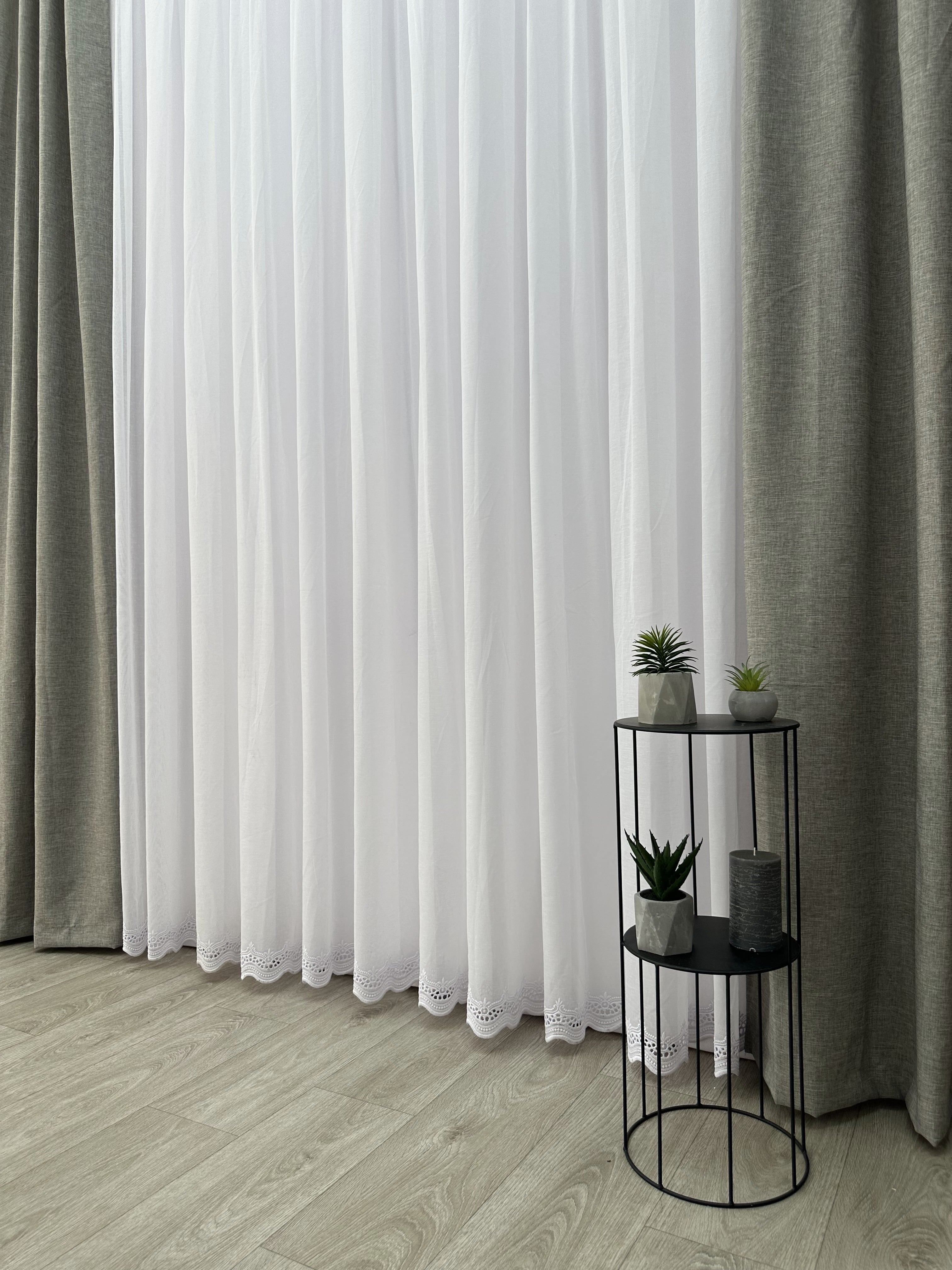 Linen sheer curtain with embroidery on the bottom, white color