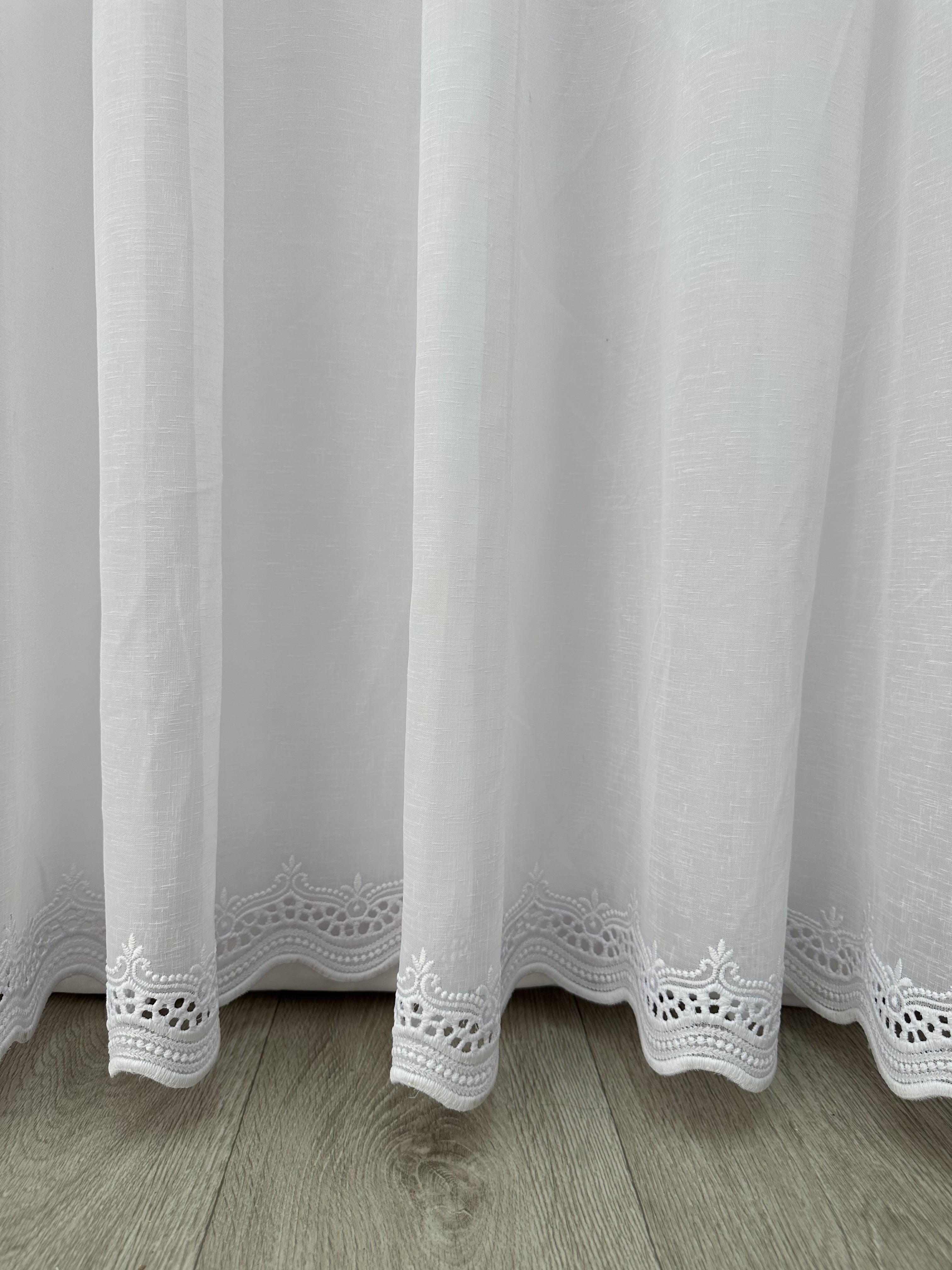 Linen sheer curtain with embroidery on the bottom, white color