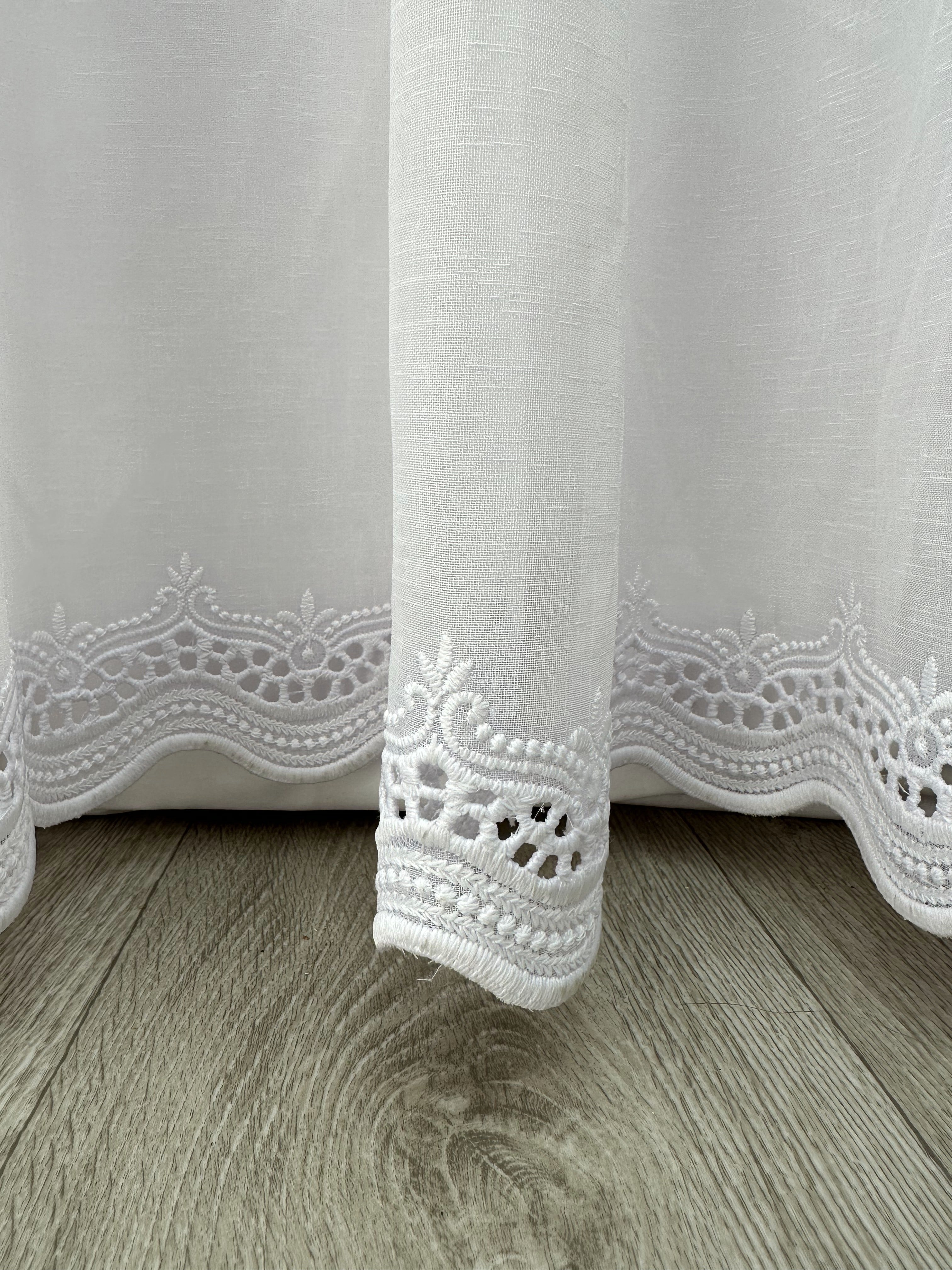 Linen sheer curtain with embroidery on the bottom, white color