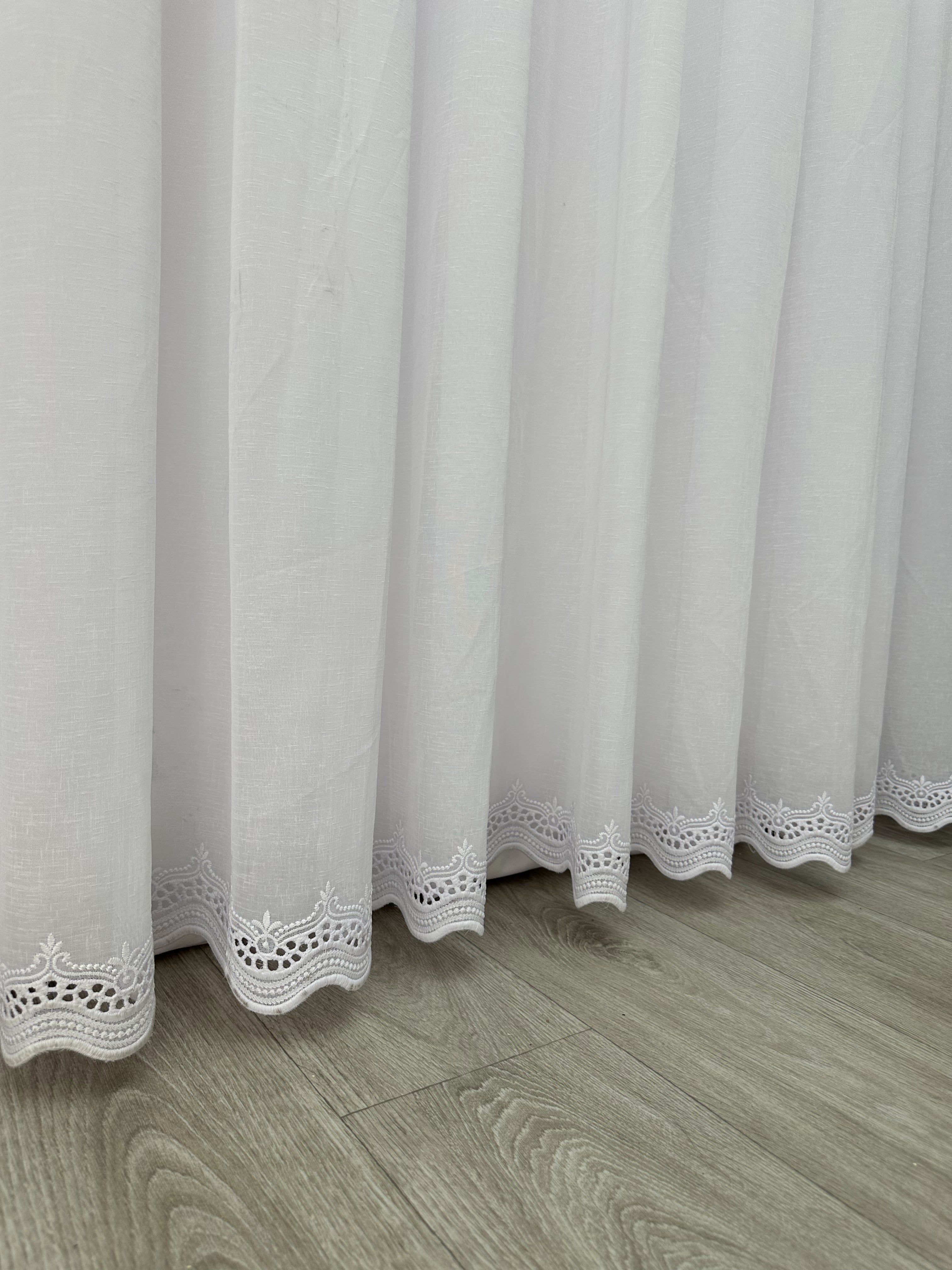 Linen sheer curtain with embroidery on the bottom, white color