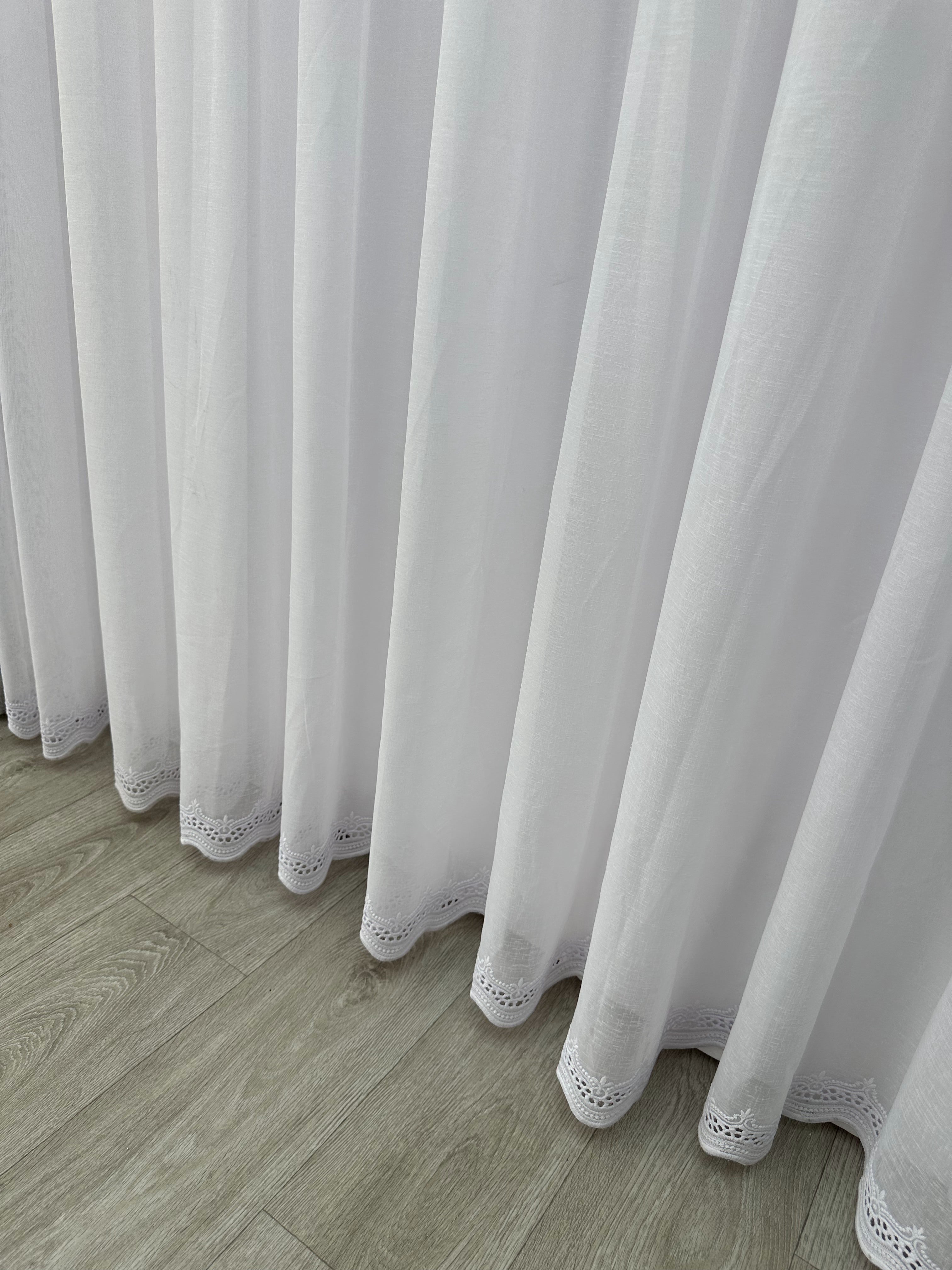 Linen sheer curtain with embroidery on the bottom, white color