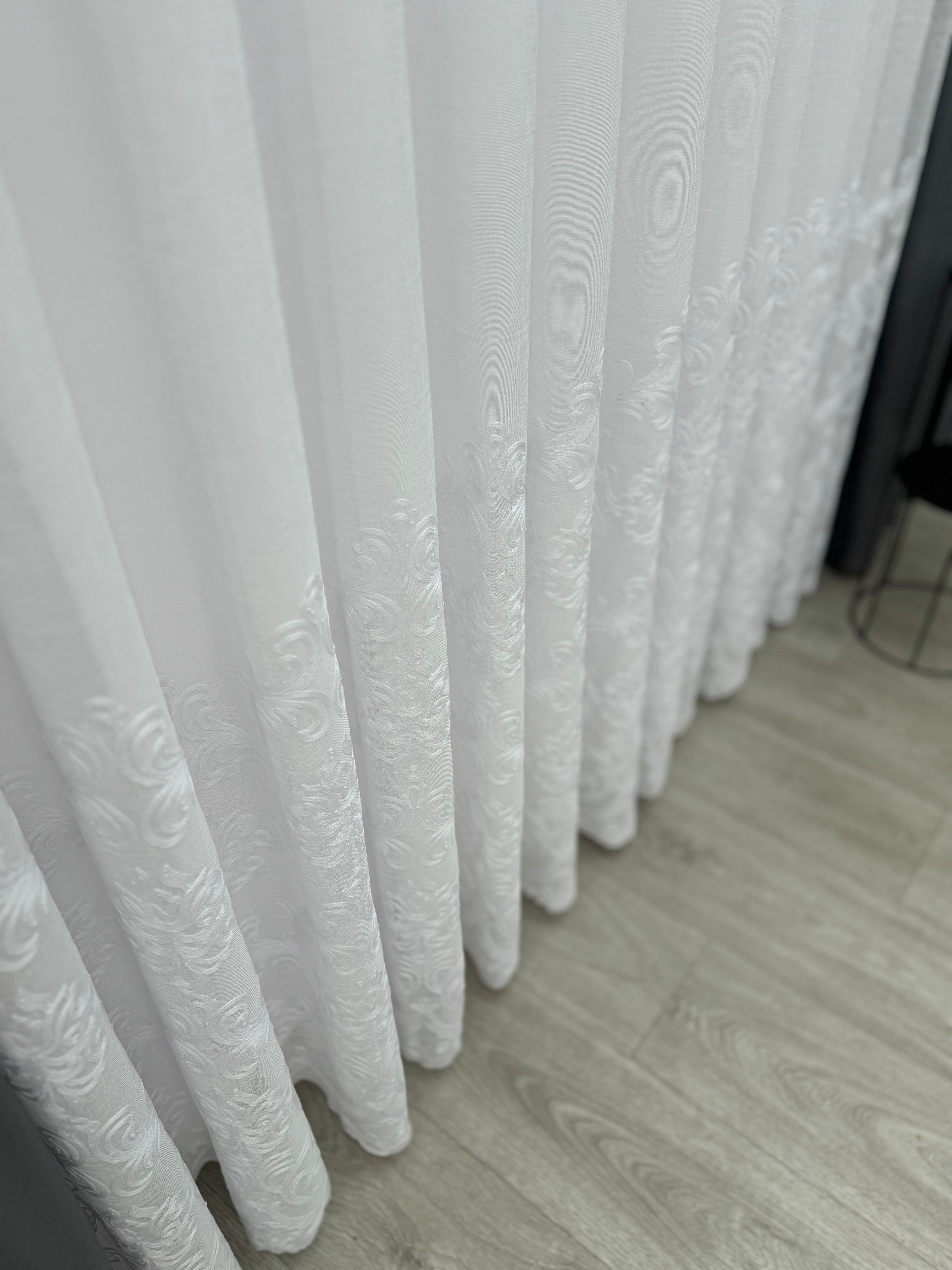 Linen sheer curtain with beautiful embroidery, white color