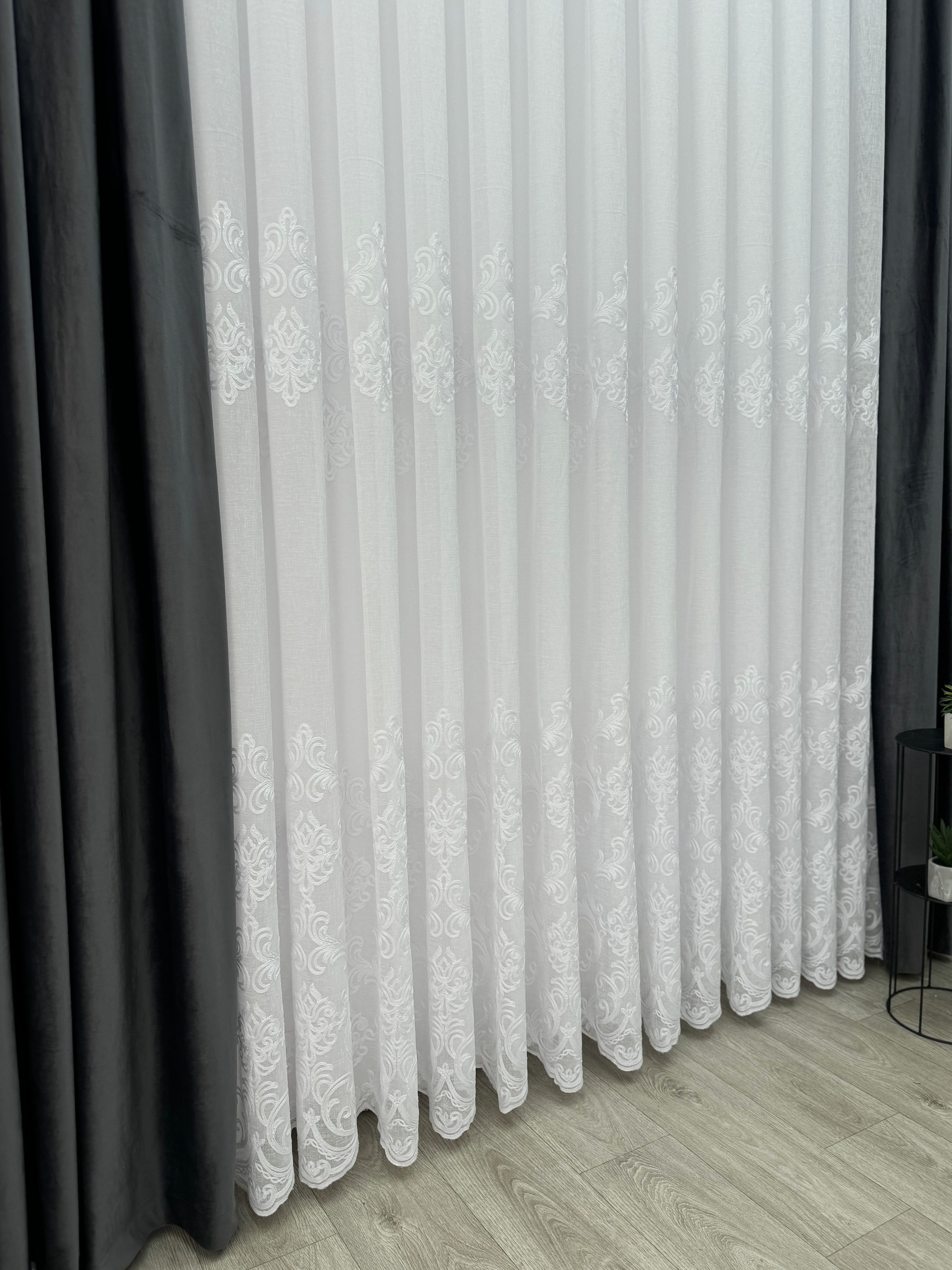 Linen sheer curtain with beautiful embroidery, white color