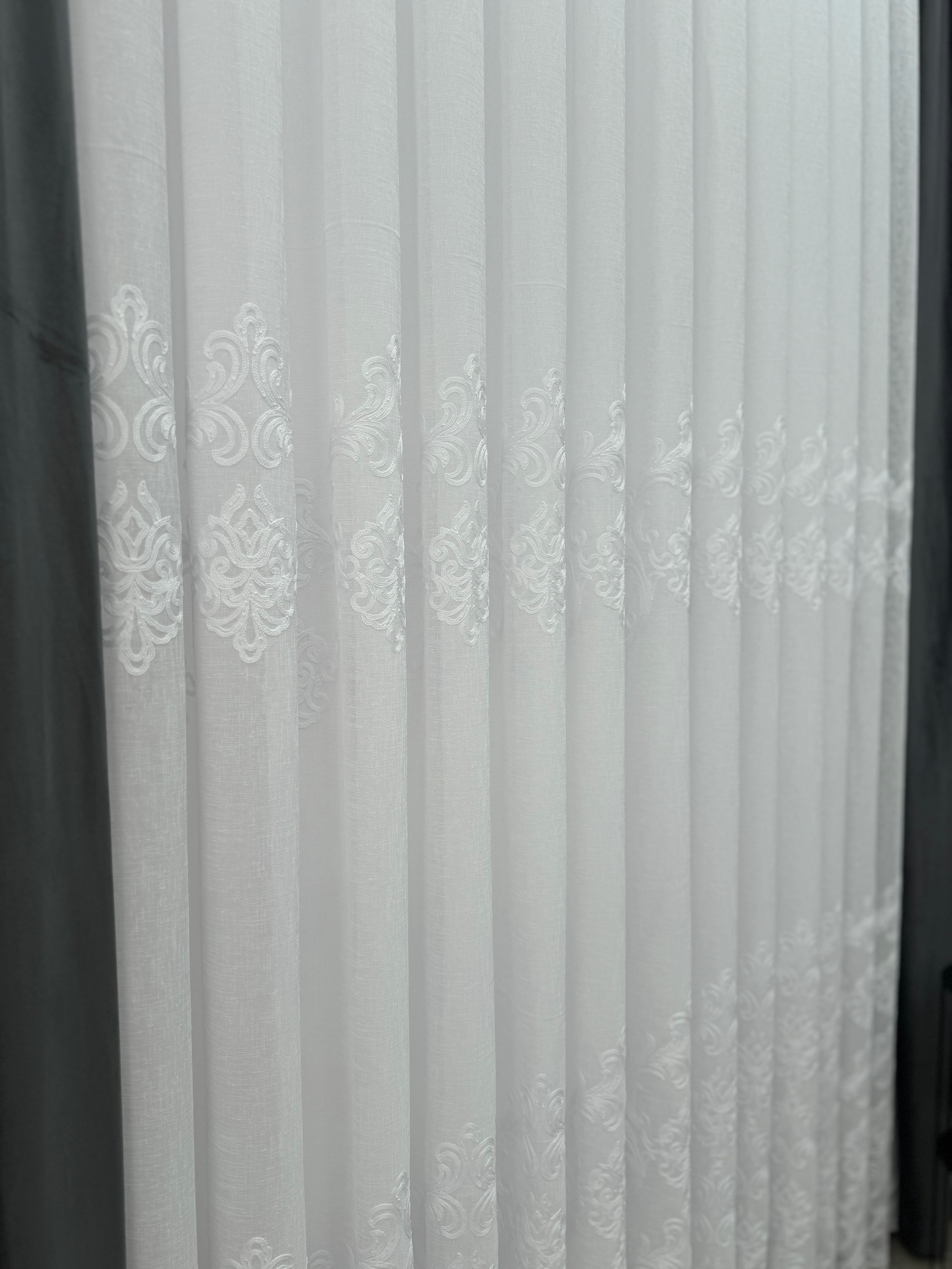 Linen sheer curtain with beautiful embroidery, white color