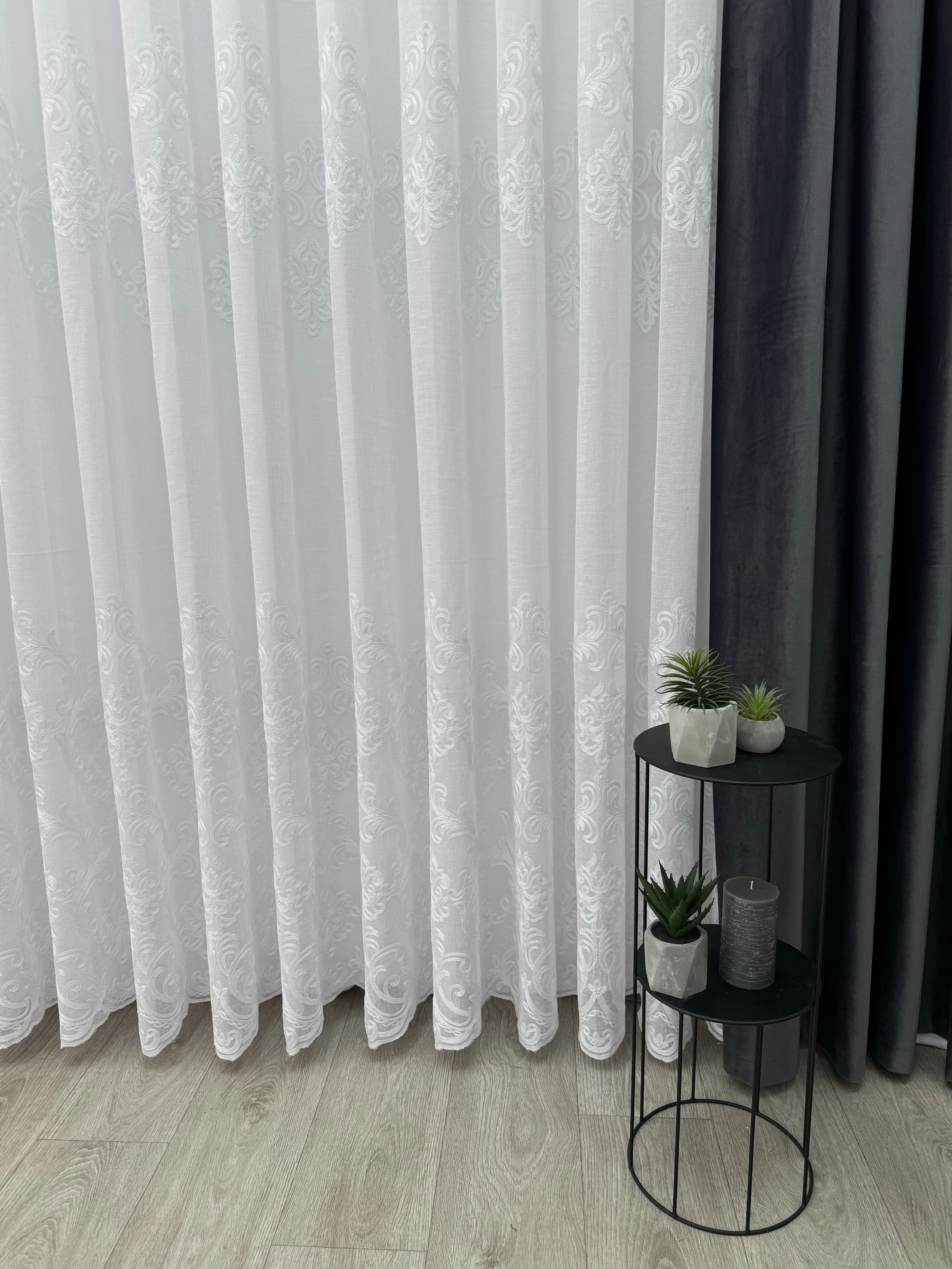 Linen sheer curtain with beautiful embroidery, white color