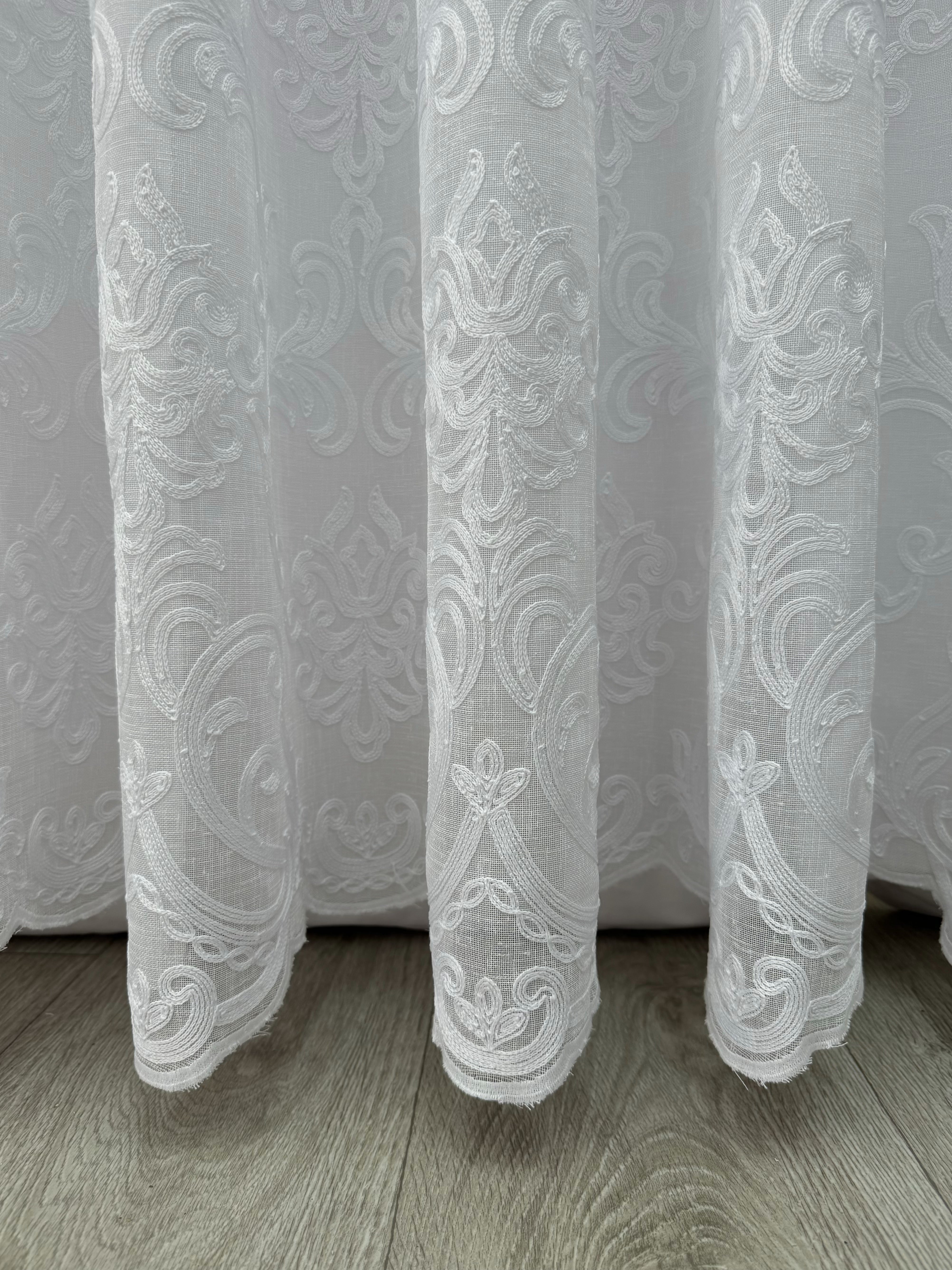 Linen sheer curtain with beautiful embroidery, white color