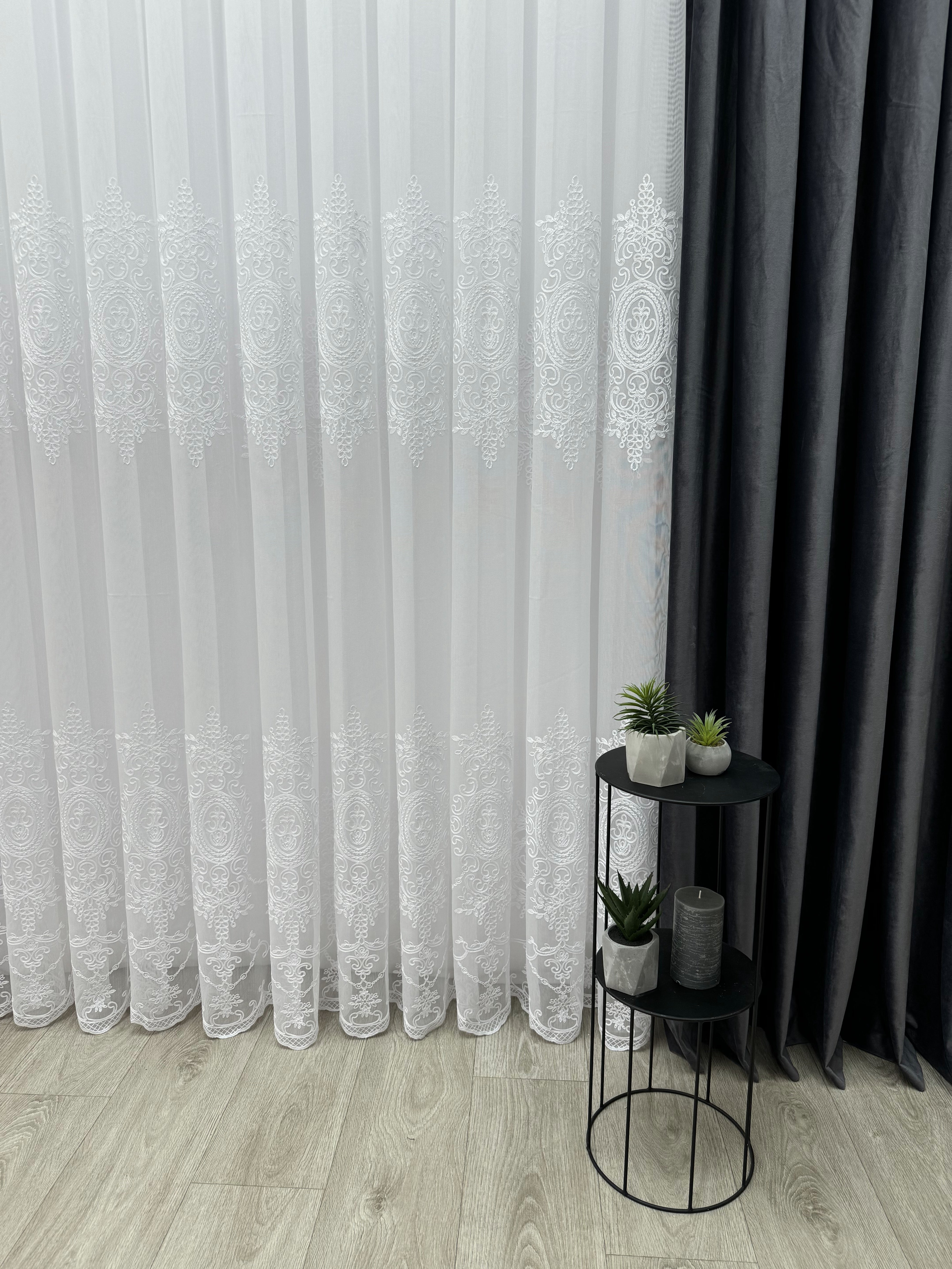 Sheer curtain with beautiful embroidery, white color