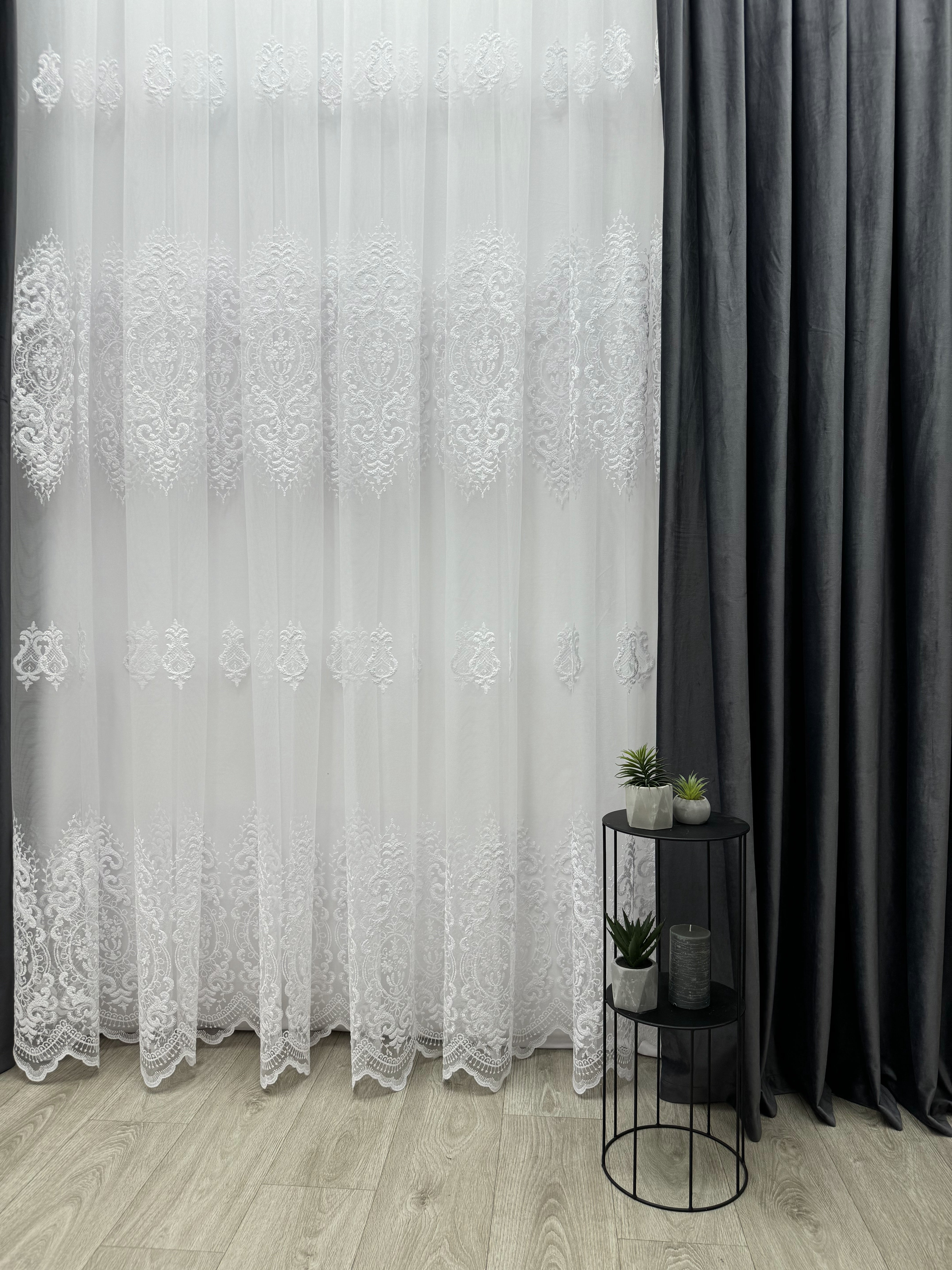 Sheer curtain with beautiful embroidery, white color