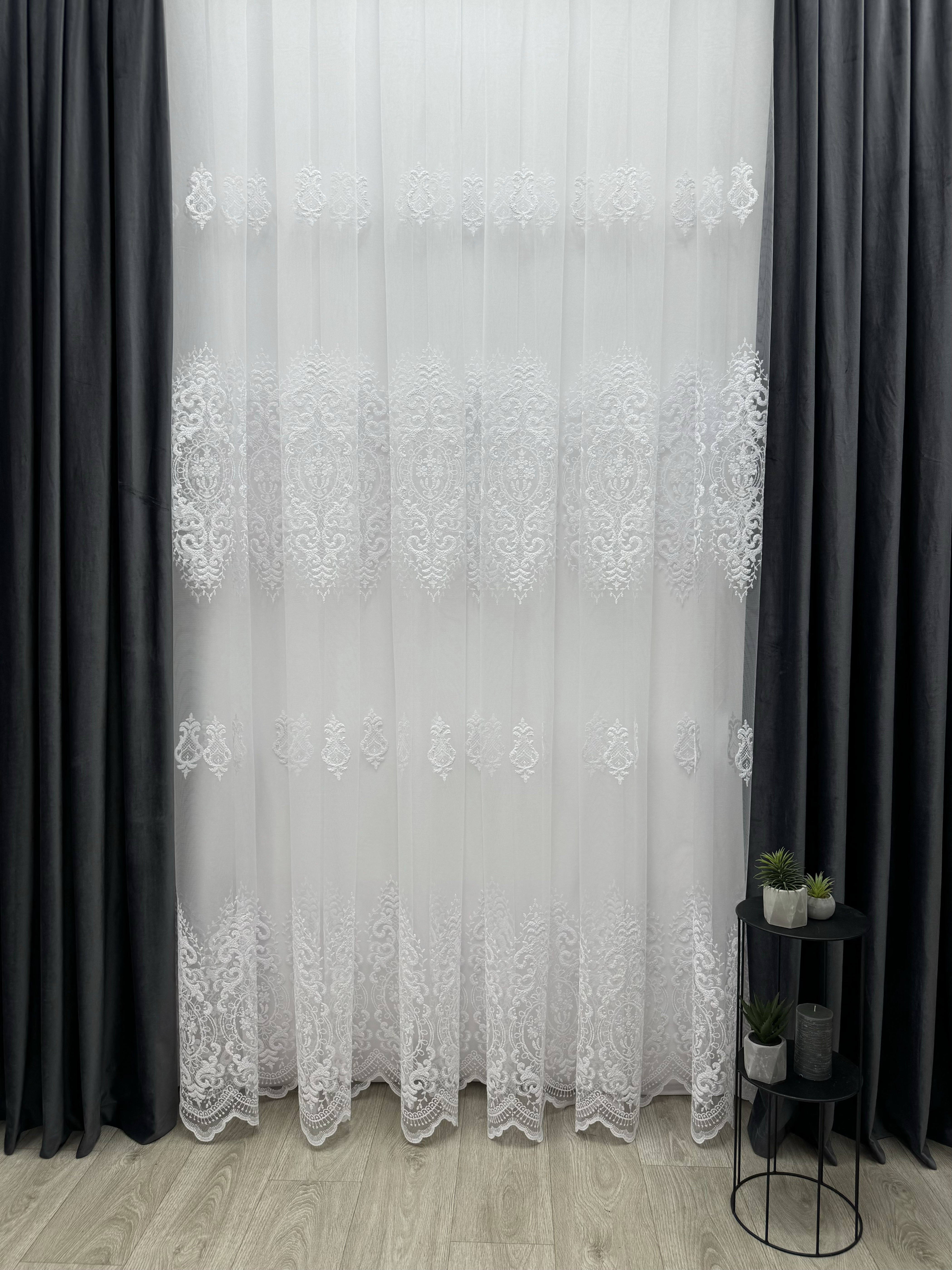 Sheer curtain with beautiful embroidery, white color