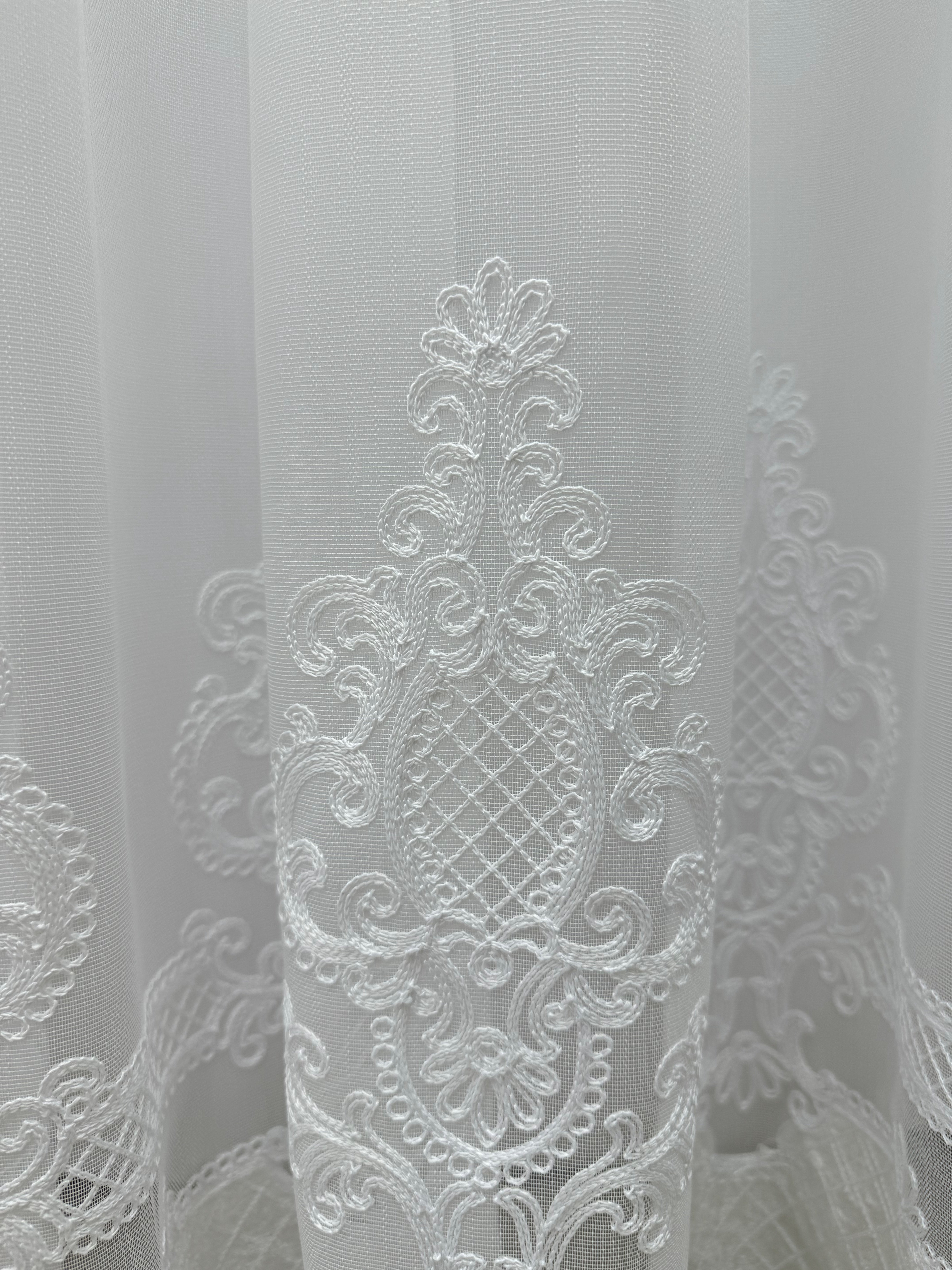 Sheer curtain with chenille embroidery and velvet inserts , white color