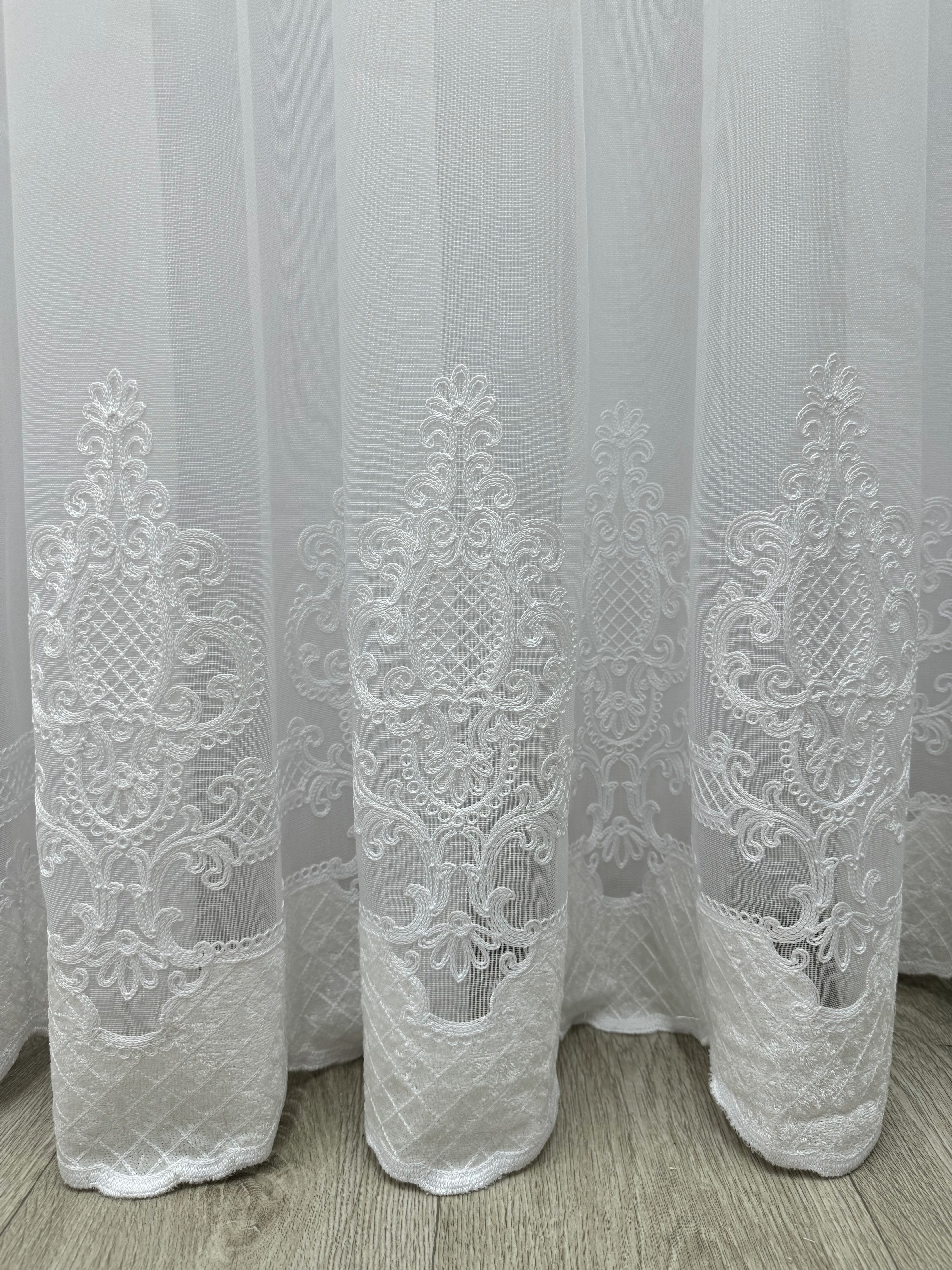 Sheer curtain with chenille embroidery and velvet inserts , white color