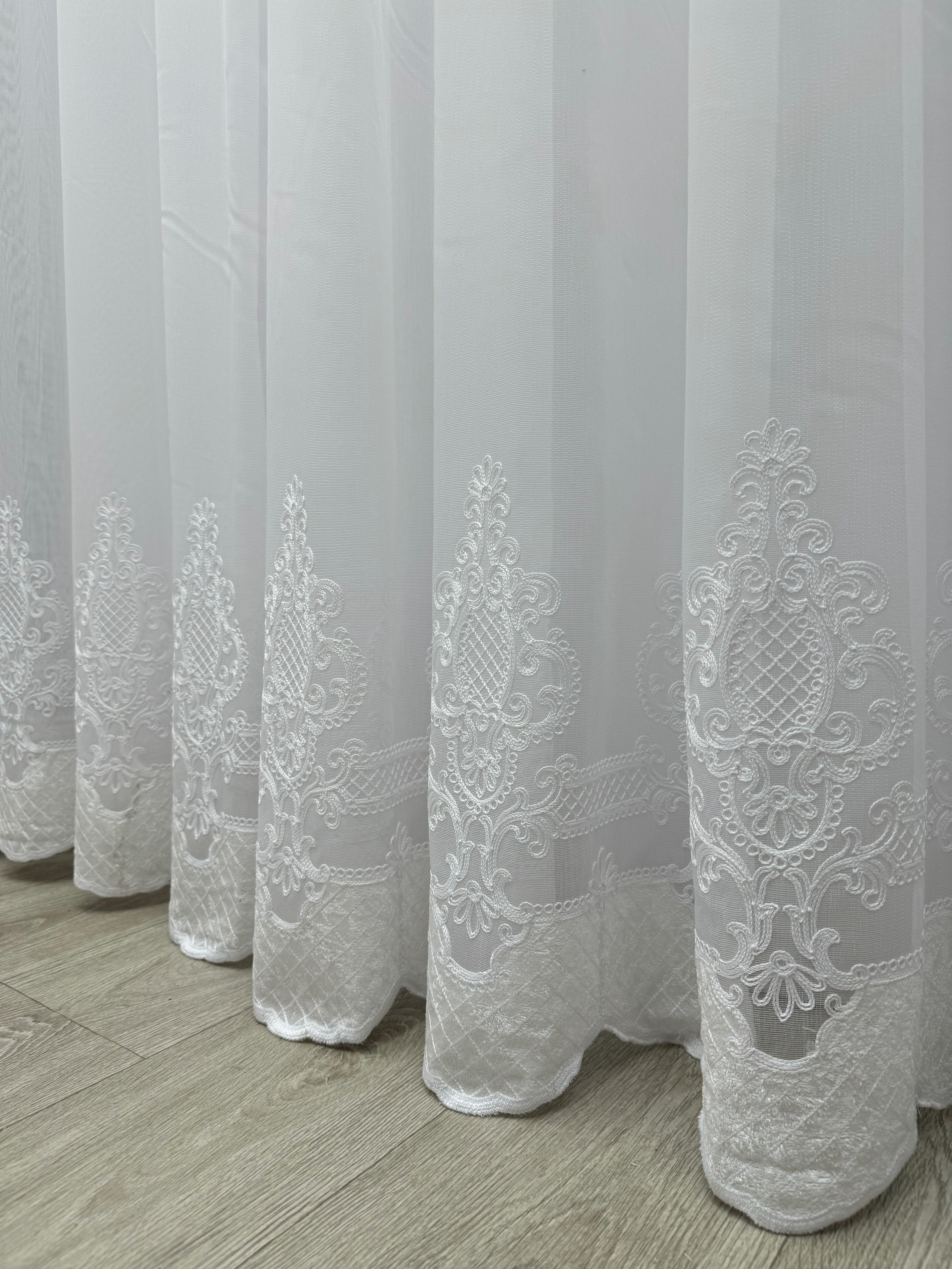 Sheer curtain with chenille embroidery and velvet inserts , white color