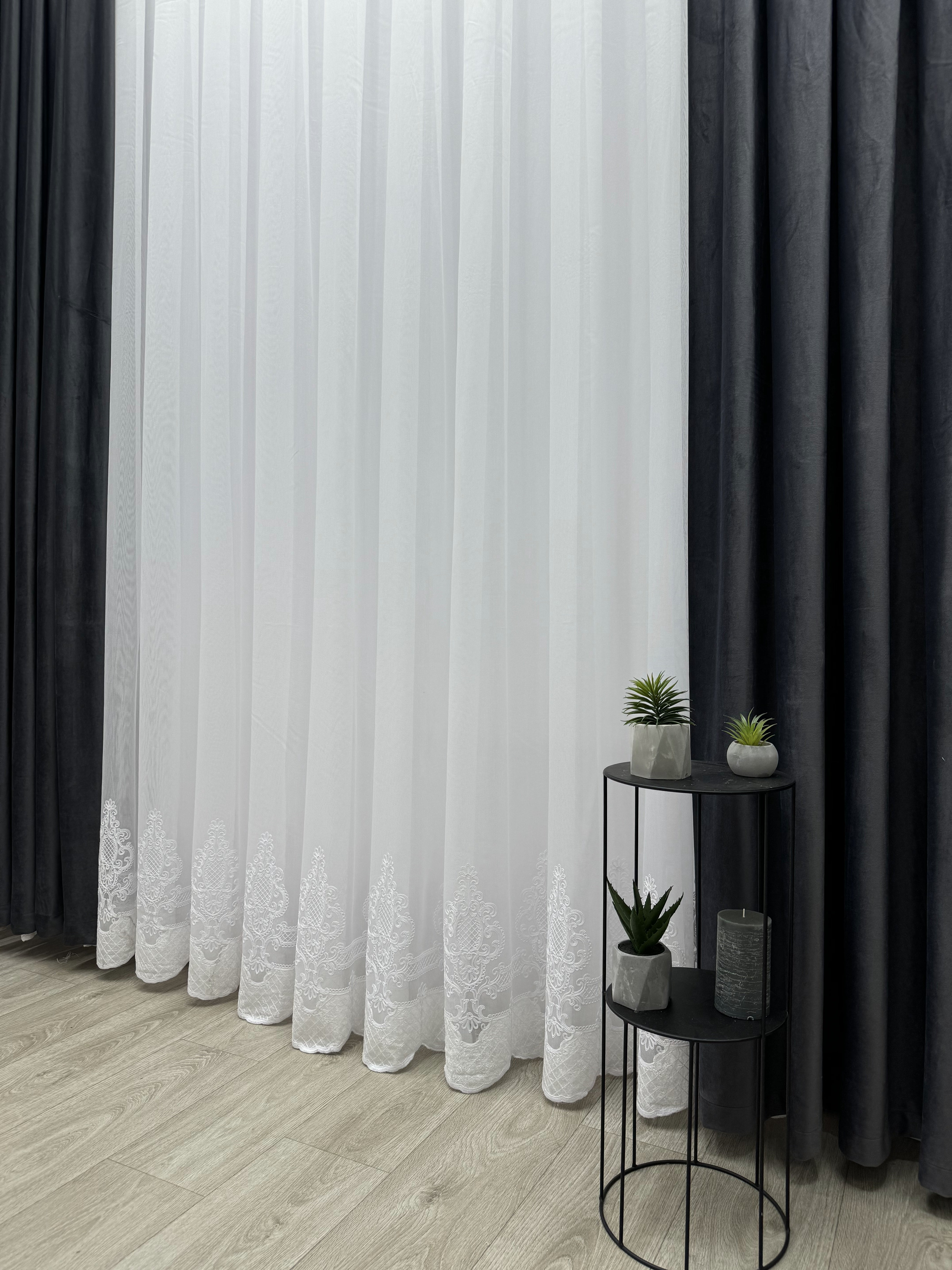 Sheer curtain with chenille embroidery and velvet inserts , white color