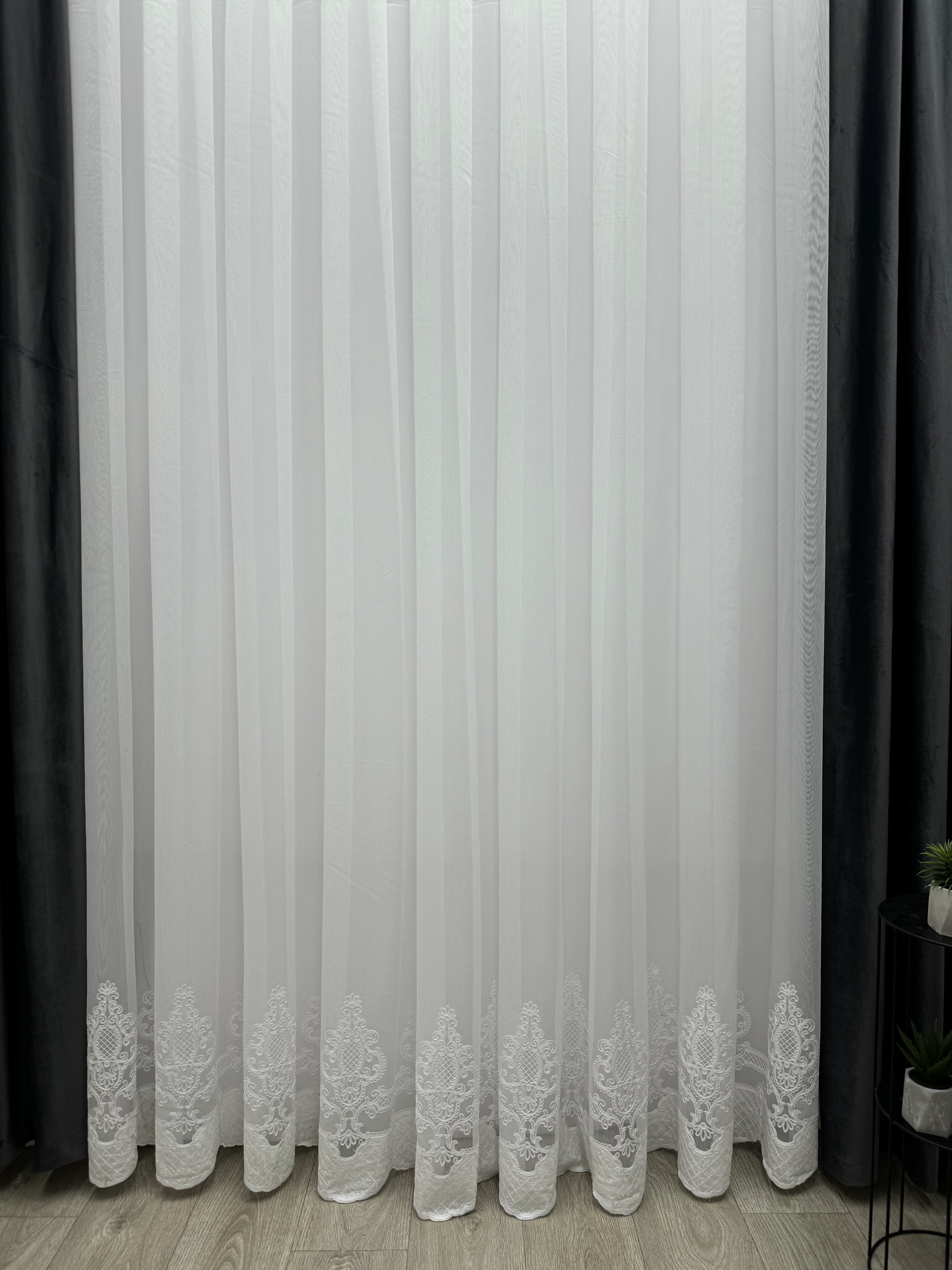 Sheer curtain with chenille embroidery and velvet inserts , white color