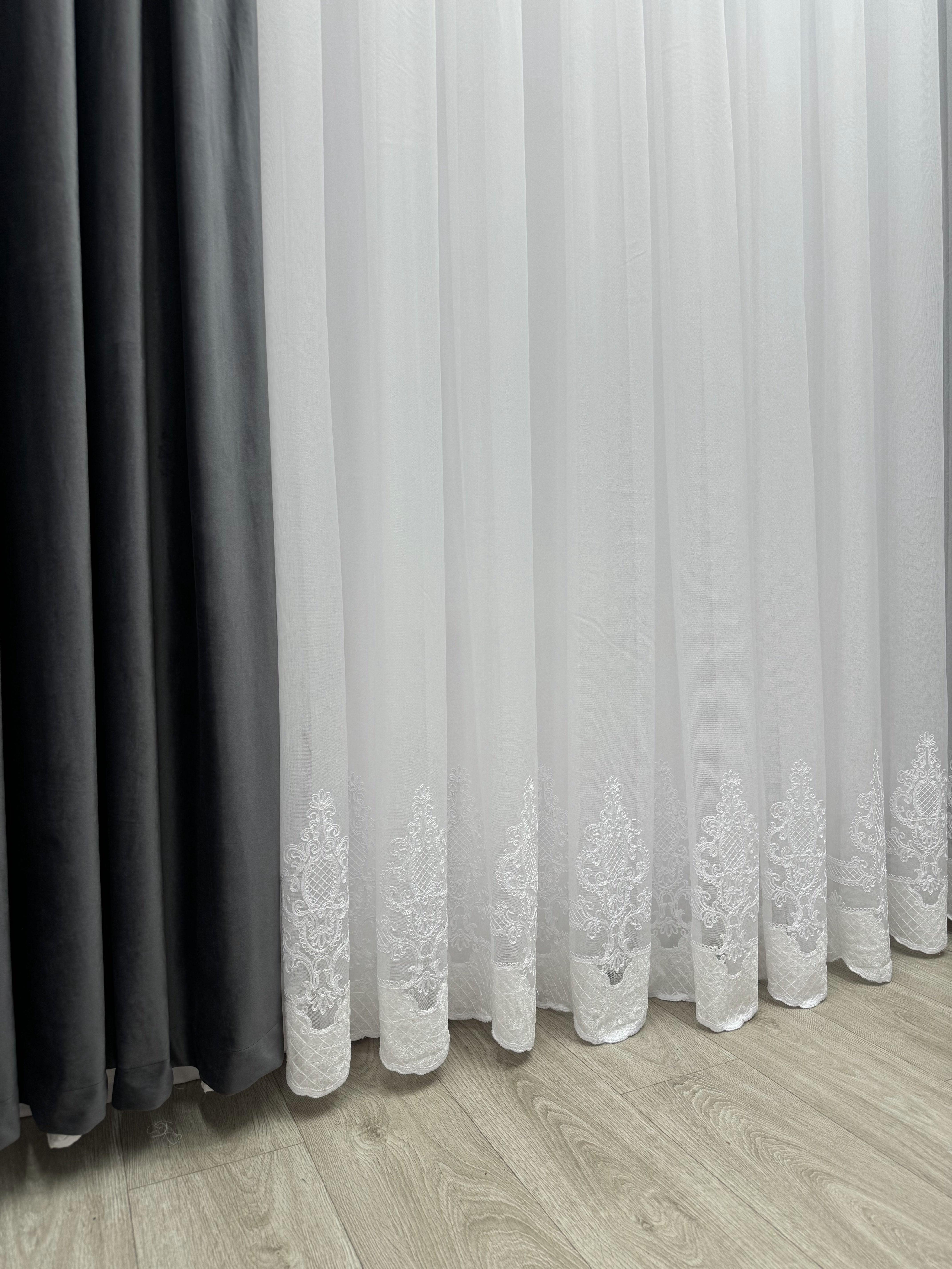 Sheer curtain with chenille embroidery and velvet inserts , white color