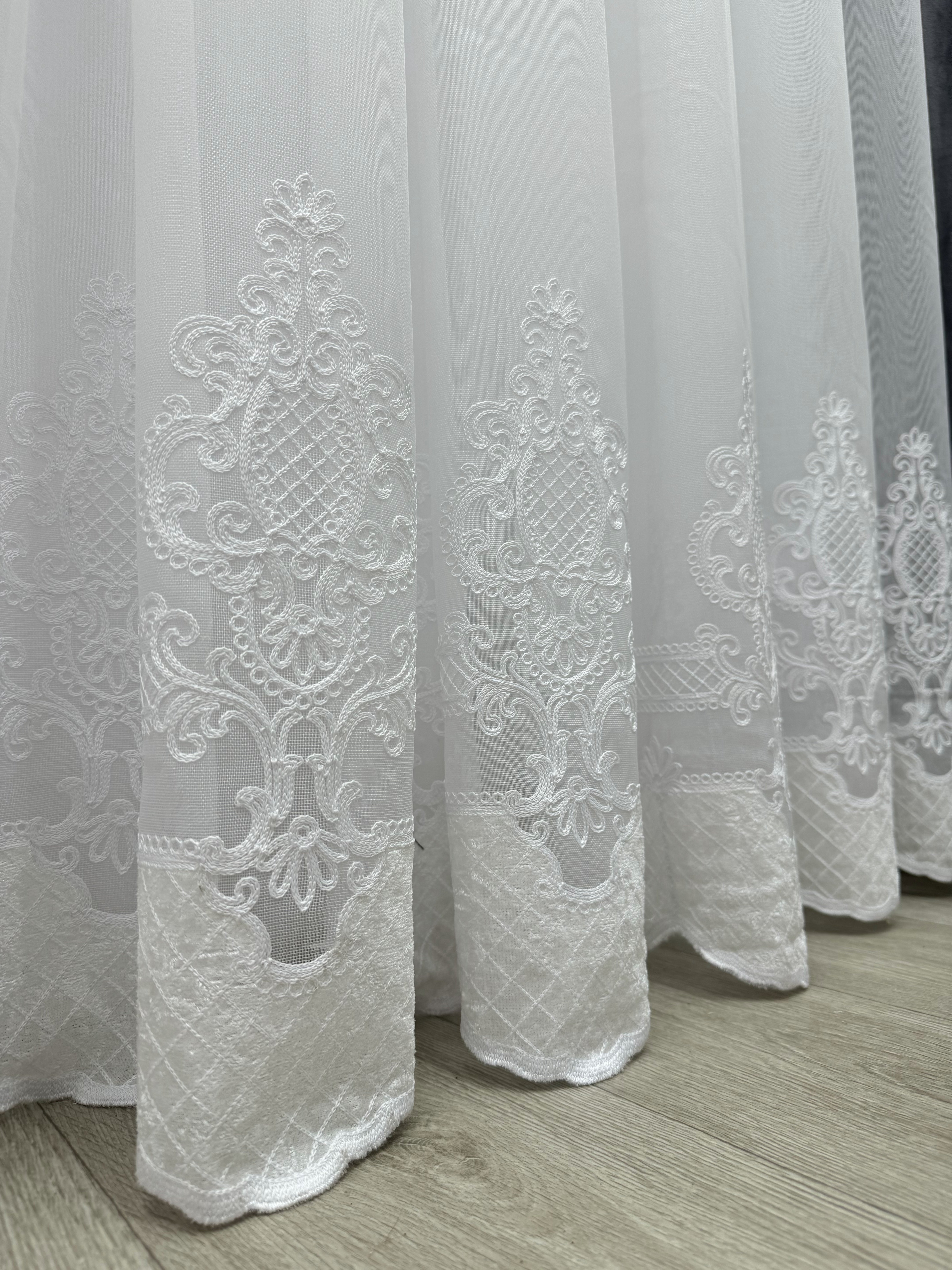 Sheer curtain with chenille embroidery and velvet inserts , white color