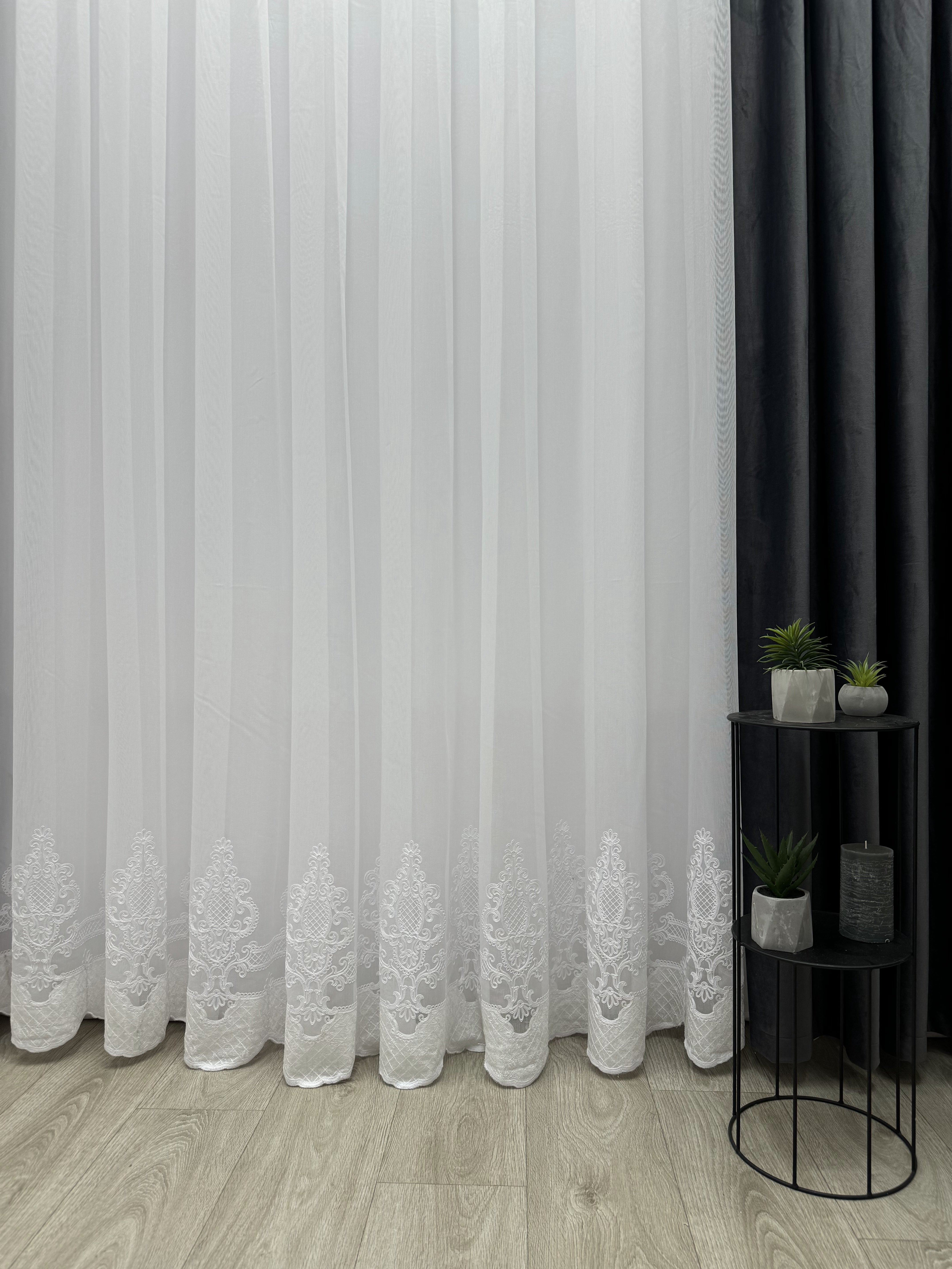 Sheer curtain with chenille embroidery and velvet inserts , white color