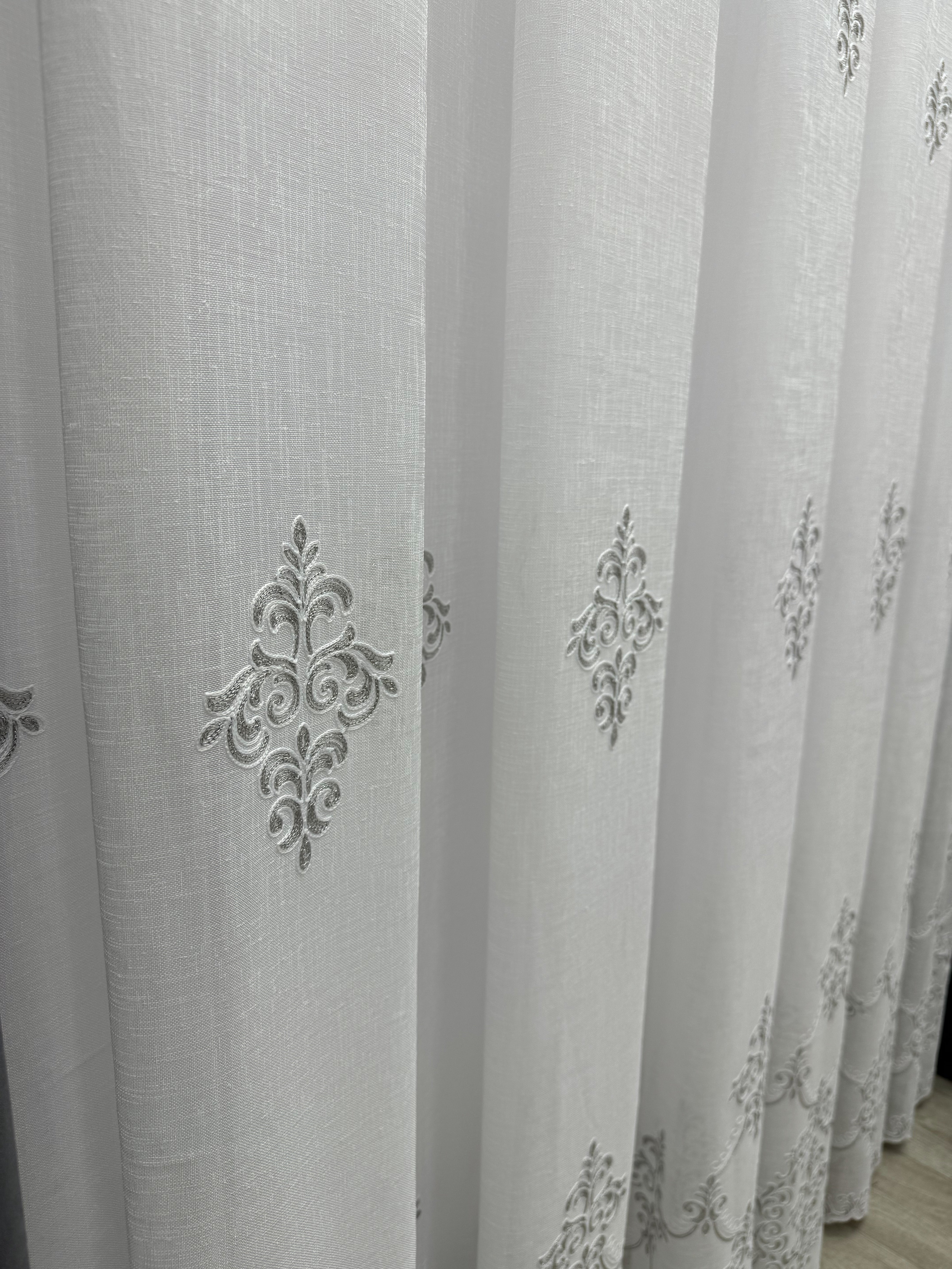 Linen sheer curtain with beautiful embroidery, gray color